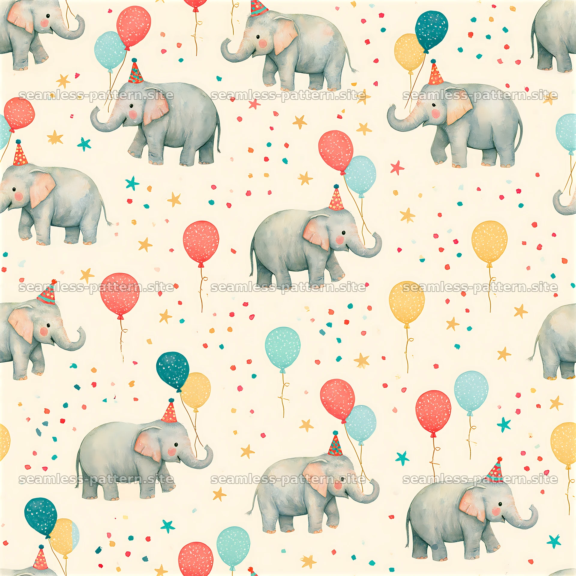 Elephants with balloons in a fun seamless pattern for celebrations — seamless tileable pattern at 8192x8192