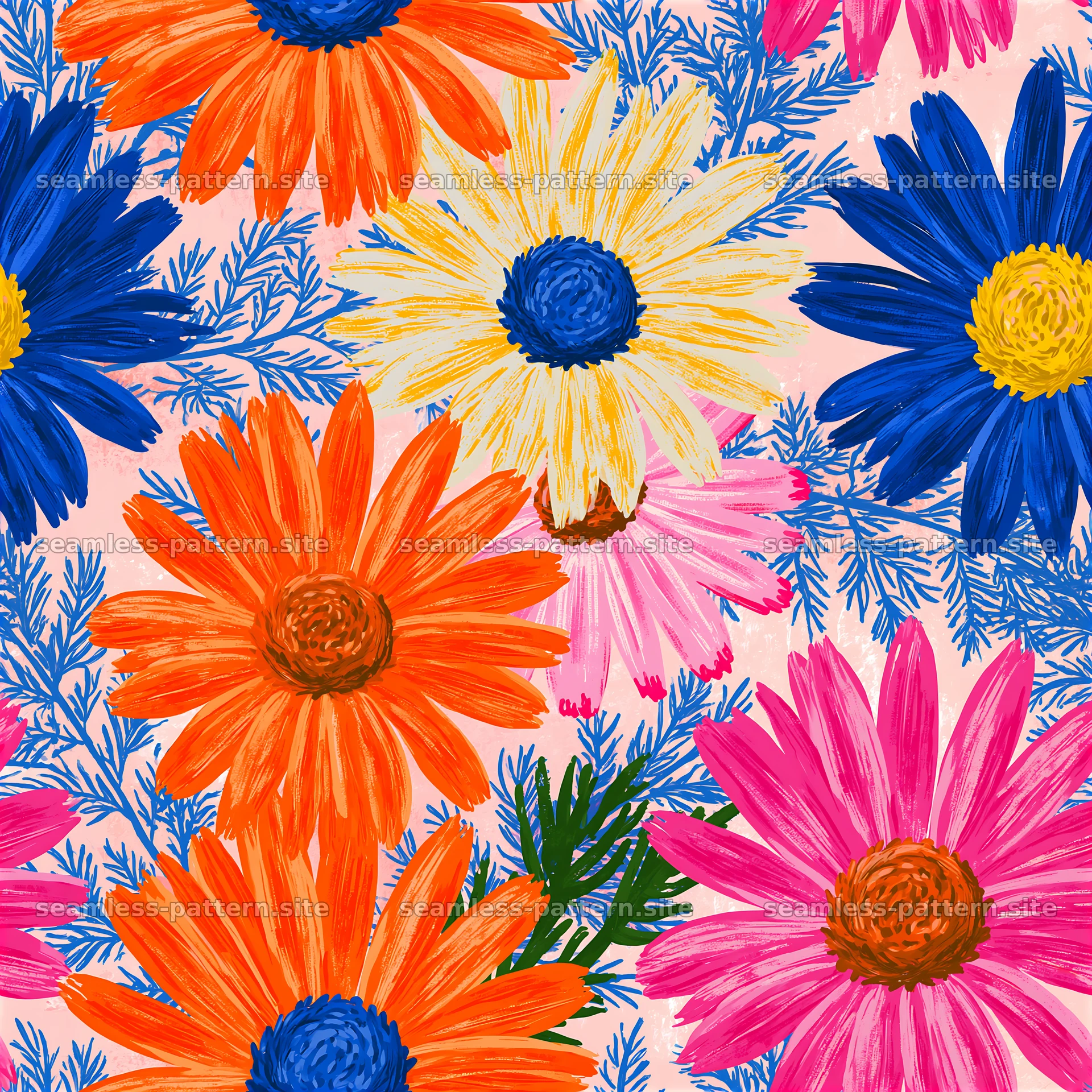 Colorful daisy seamless pattern with vibrant flowers on a light background — seamless tileable pattern at 8192x8192