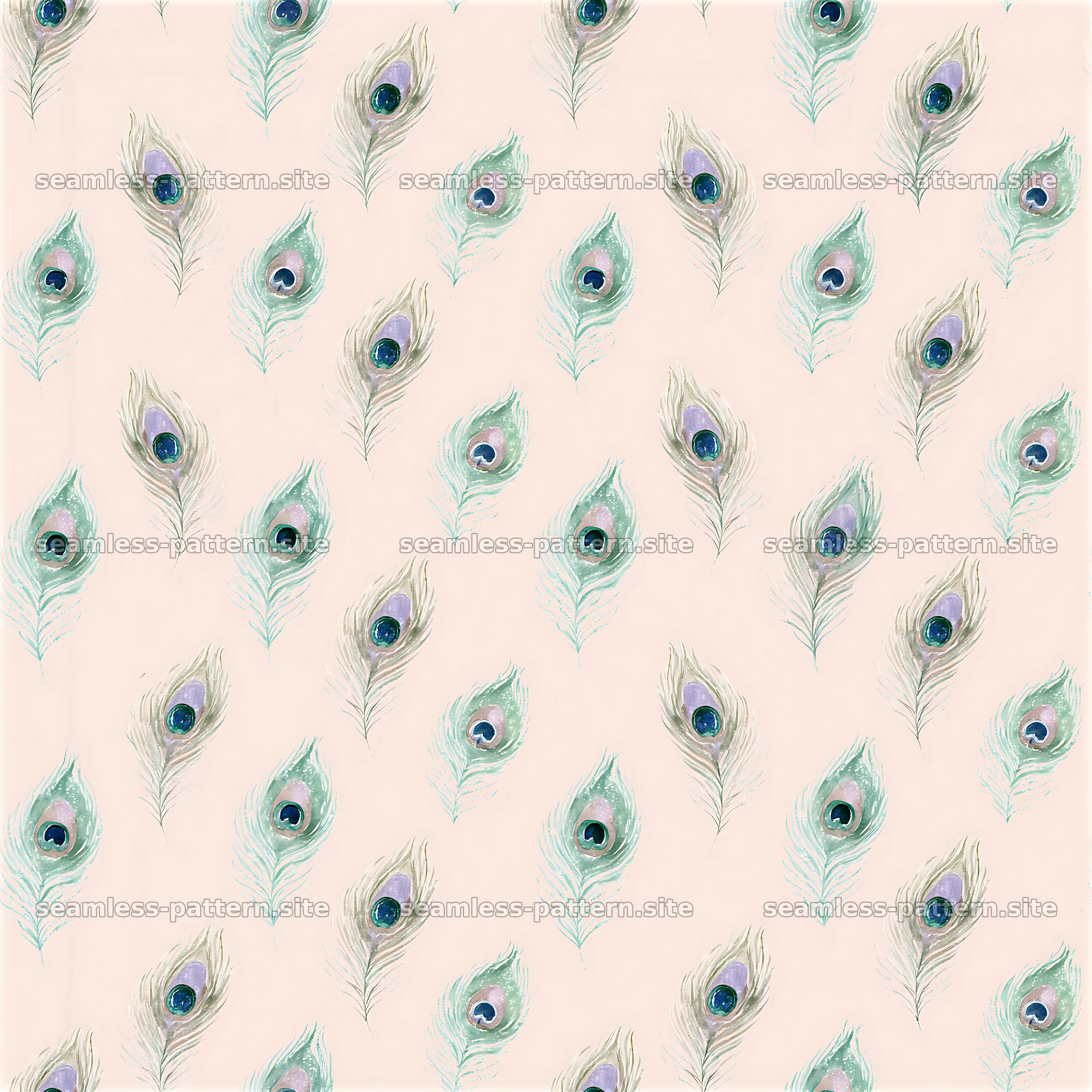 Peacock feather seamless watercolor pattern in soft tones — seamless tileable pattern at 8192x8192