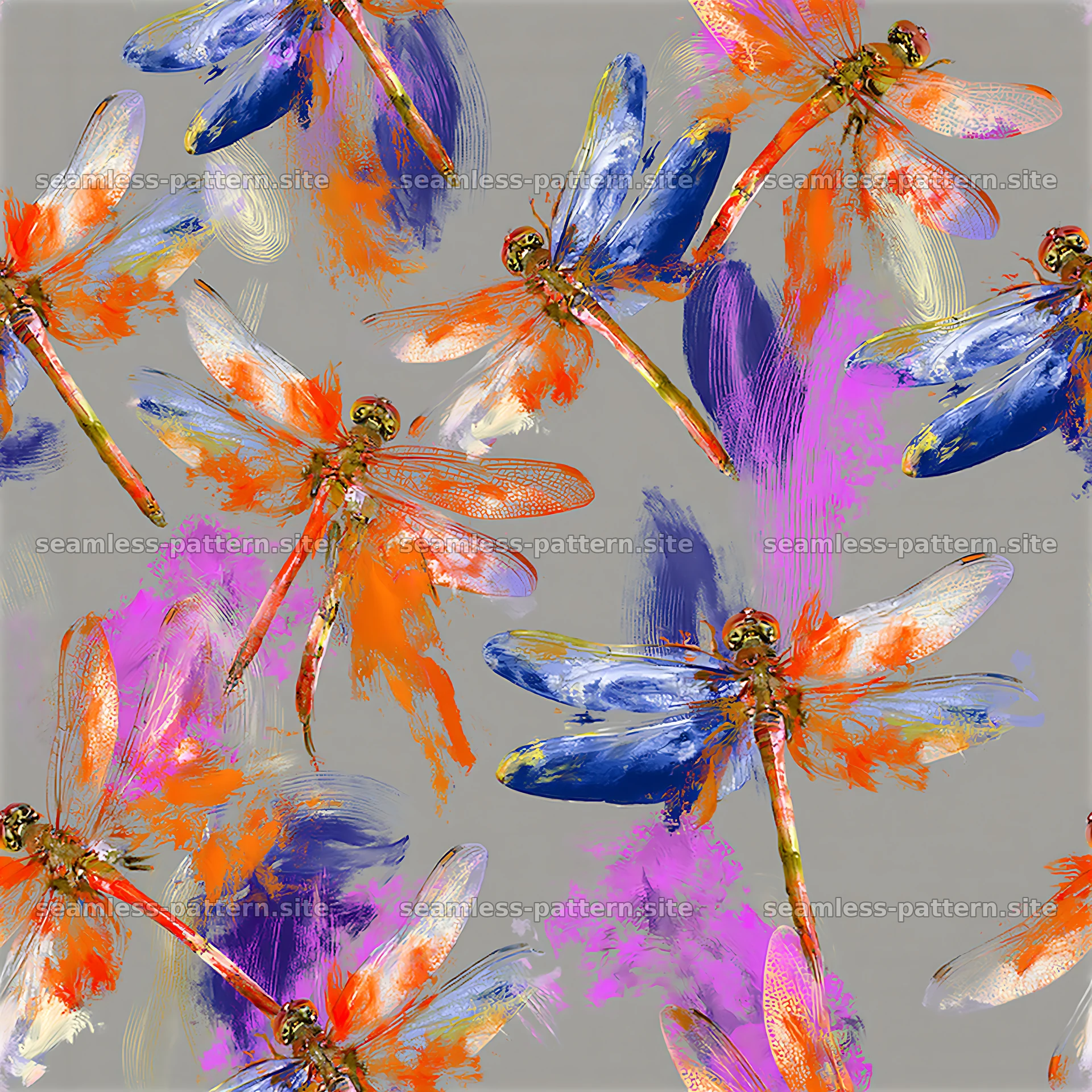 Colorful dragonfly seamless pattern on a light gray background — seamless tileable pattern at 8192x8192