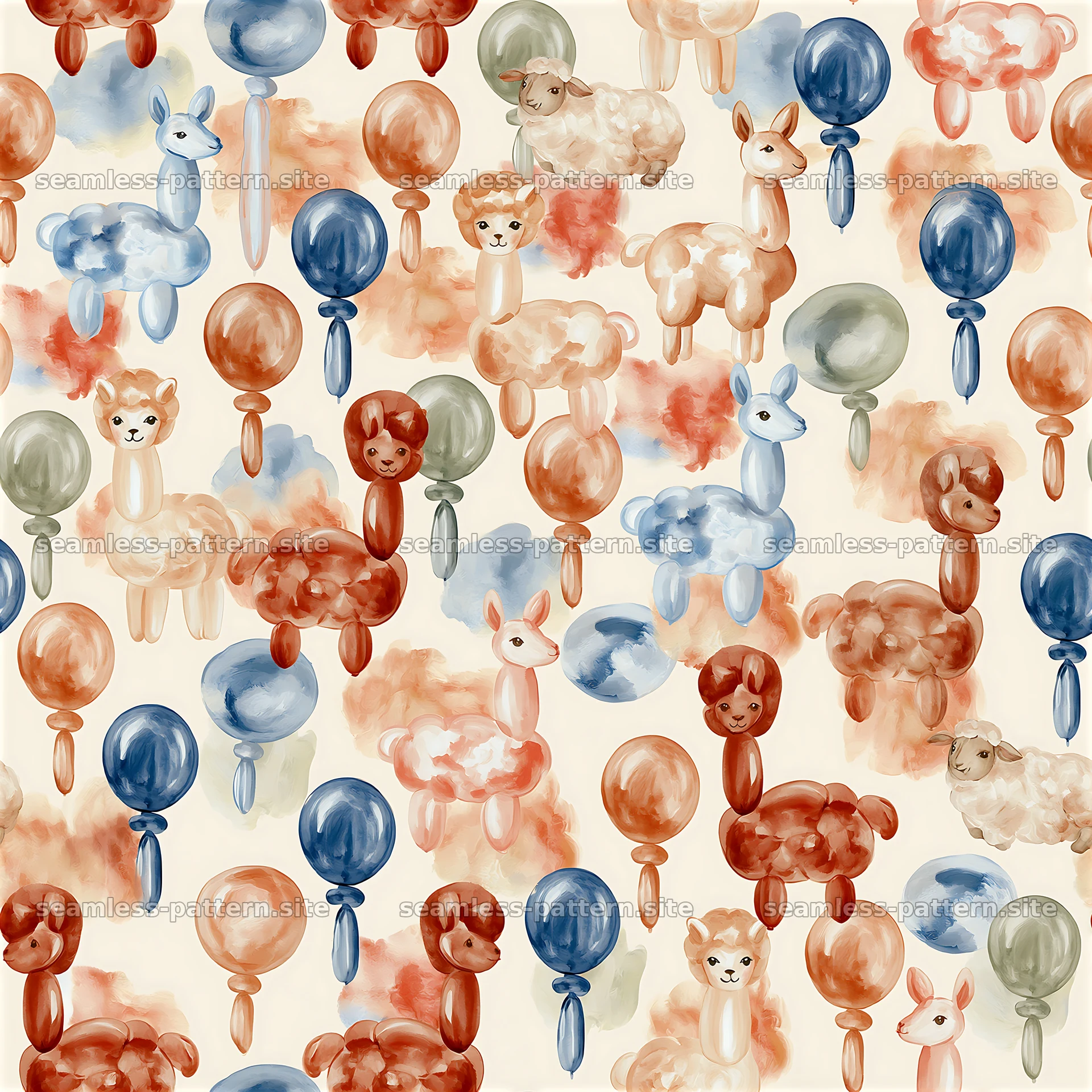 Cute balloon animals and llamas create a fun seamless pattern — seamless tileable pattern at 8192x8192