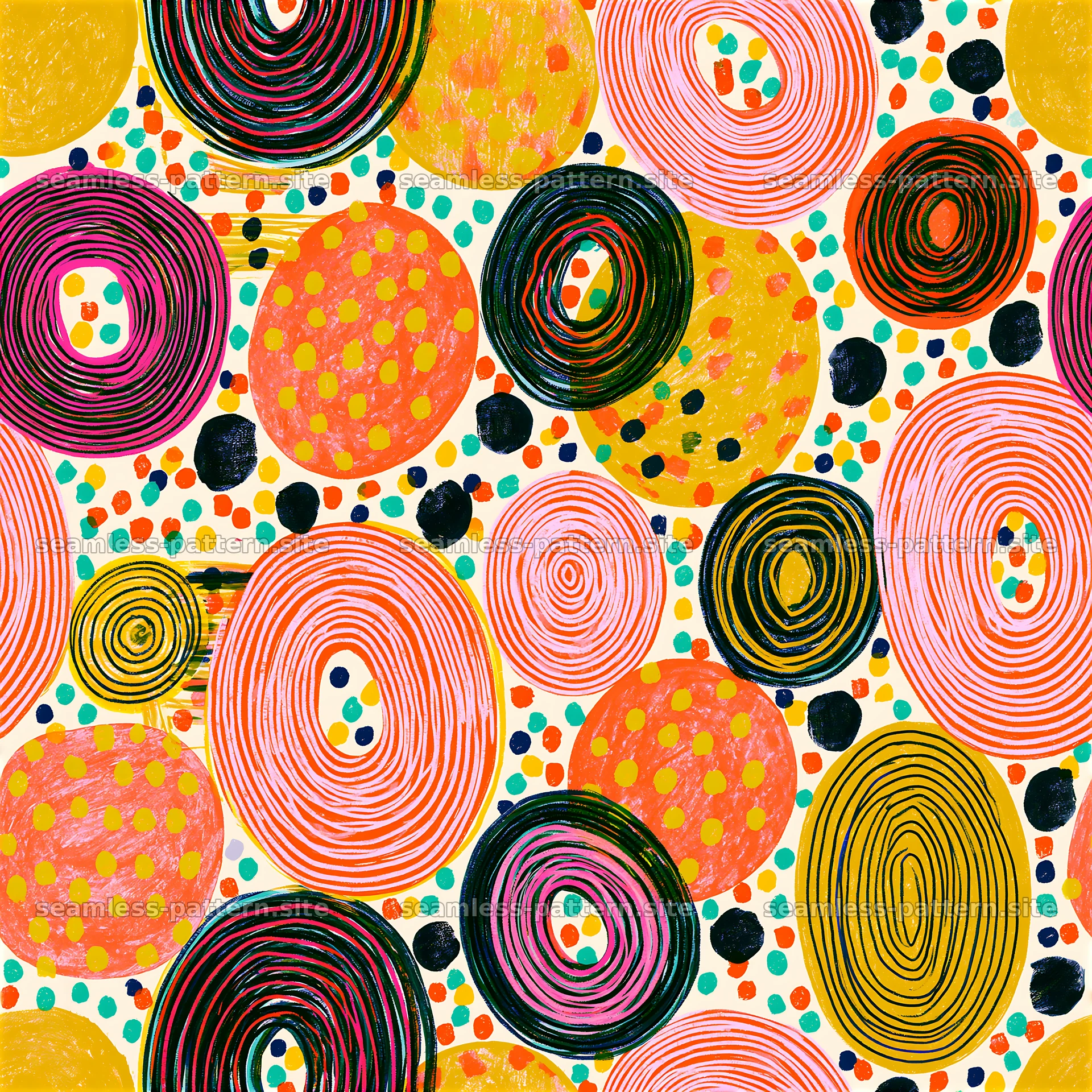 Colorful circular design with polka dots and swirls — seamless tileable pattern at 8192x8192