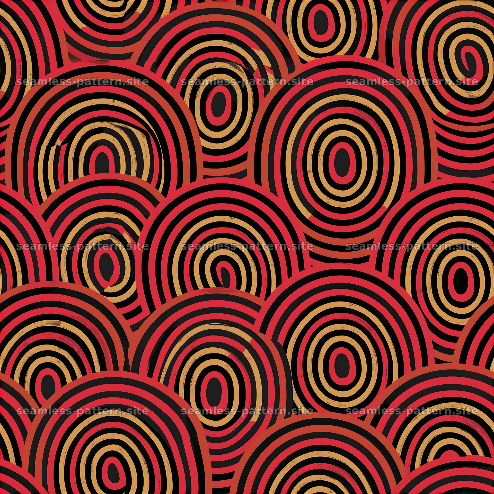 Curved lines in black, red, and gold create a seamless pattern — seamless tileable pattern at 8192x8192