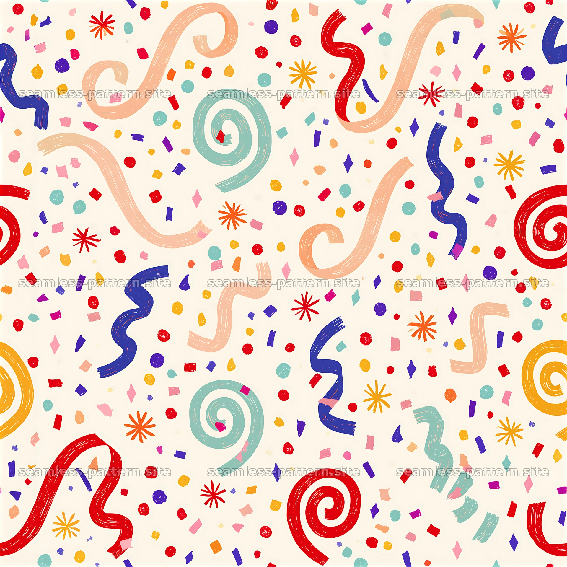 Colorful party seamless pattern featuring swirls and confetti — seamless tileable pattern at 8192x8192