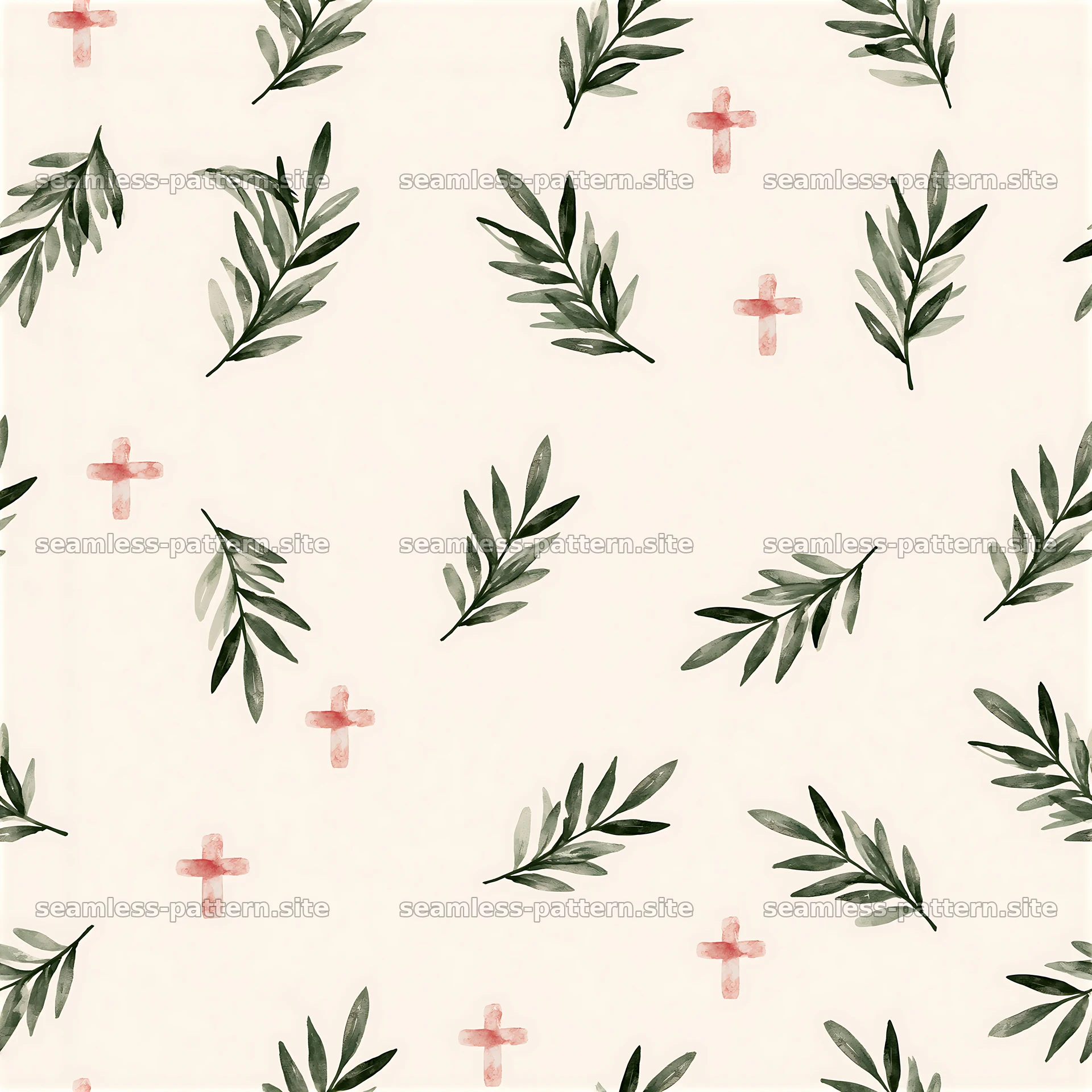 Watercolor olive branches and cross seamless pattern — seamless tileable pattern at 8192x8192