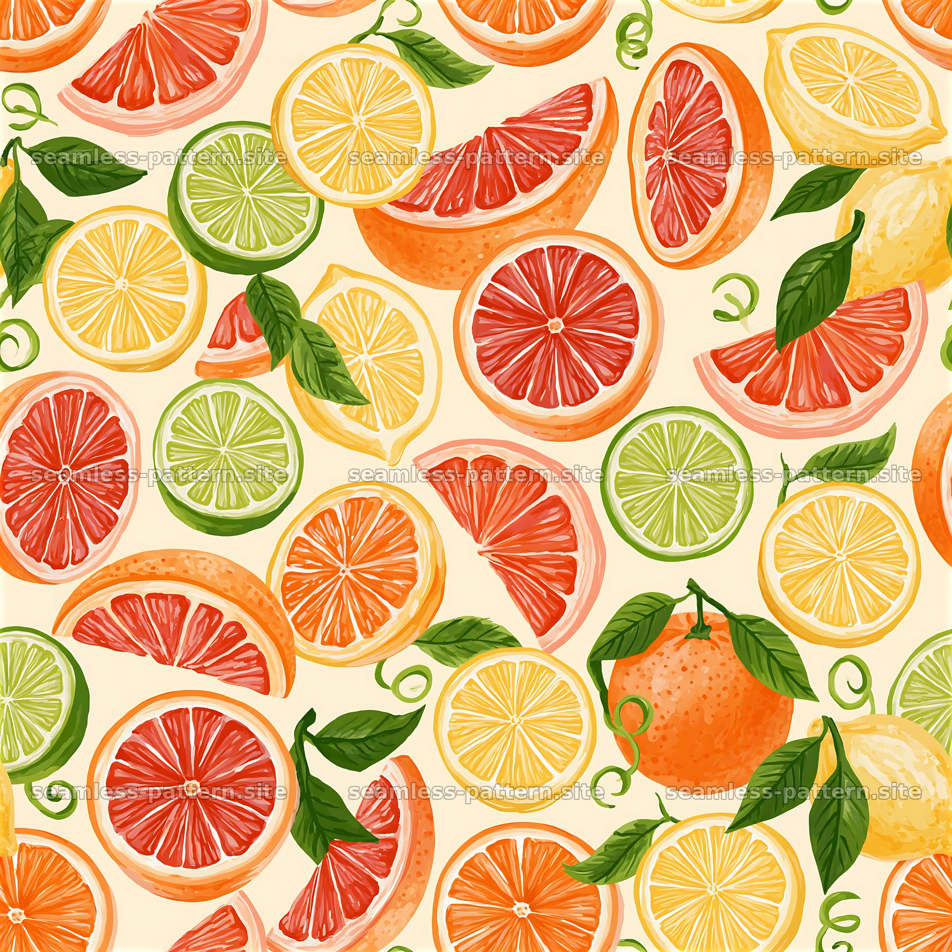 Colorful citrus seamless pattern with oranges, lemons, and limes — seamless tileable pattern at 8192x8192