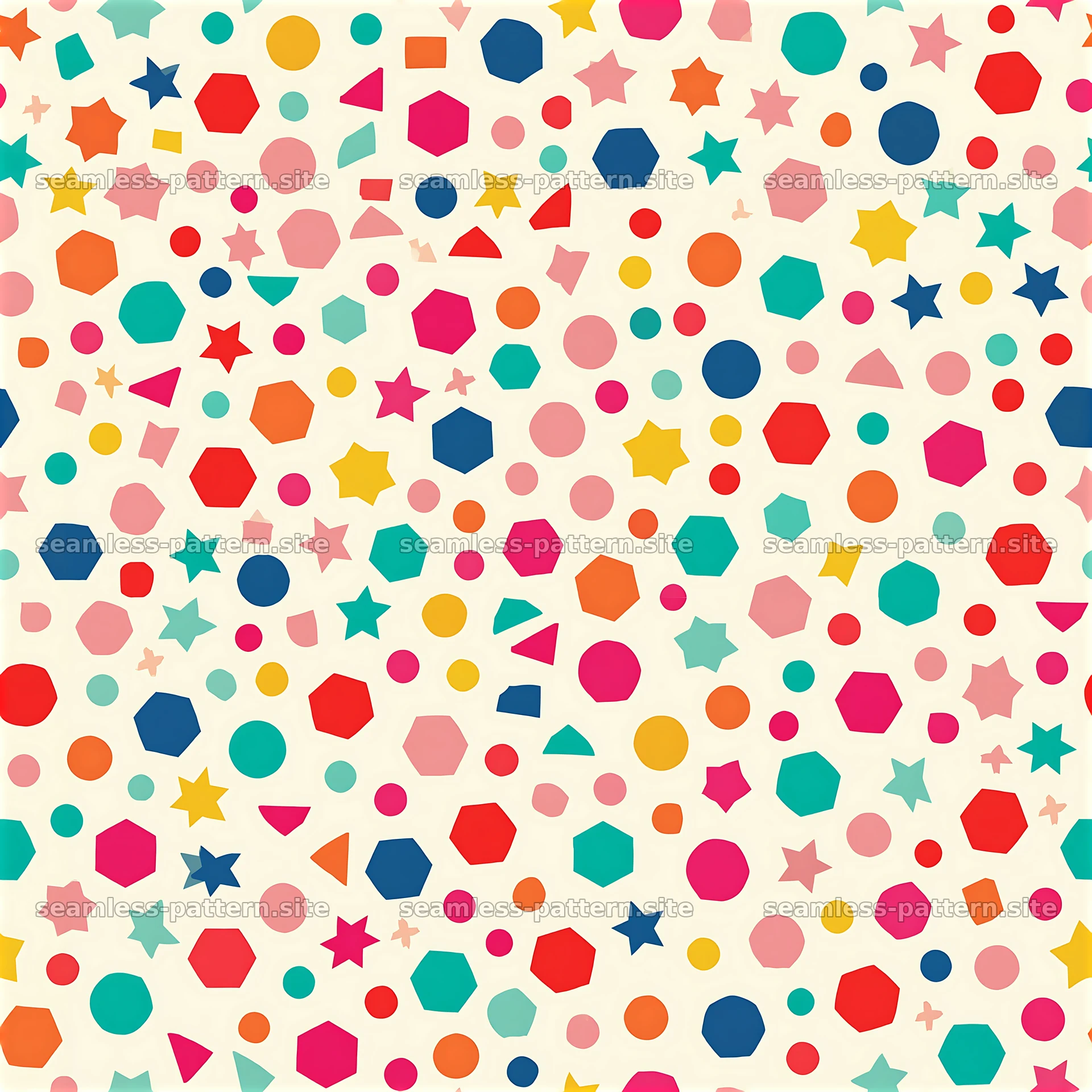 Colorful geometric star and polygon seamless pattern for kids — seamless tileable pattern at 8192x8192