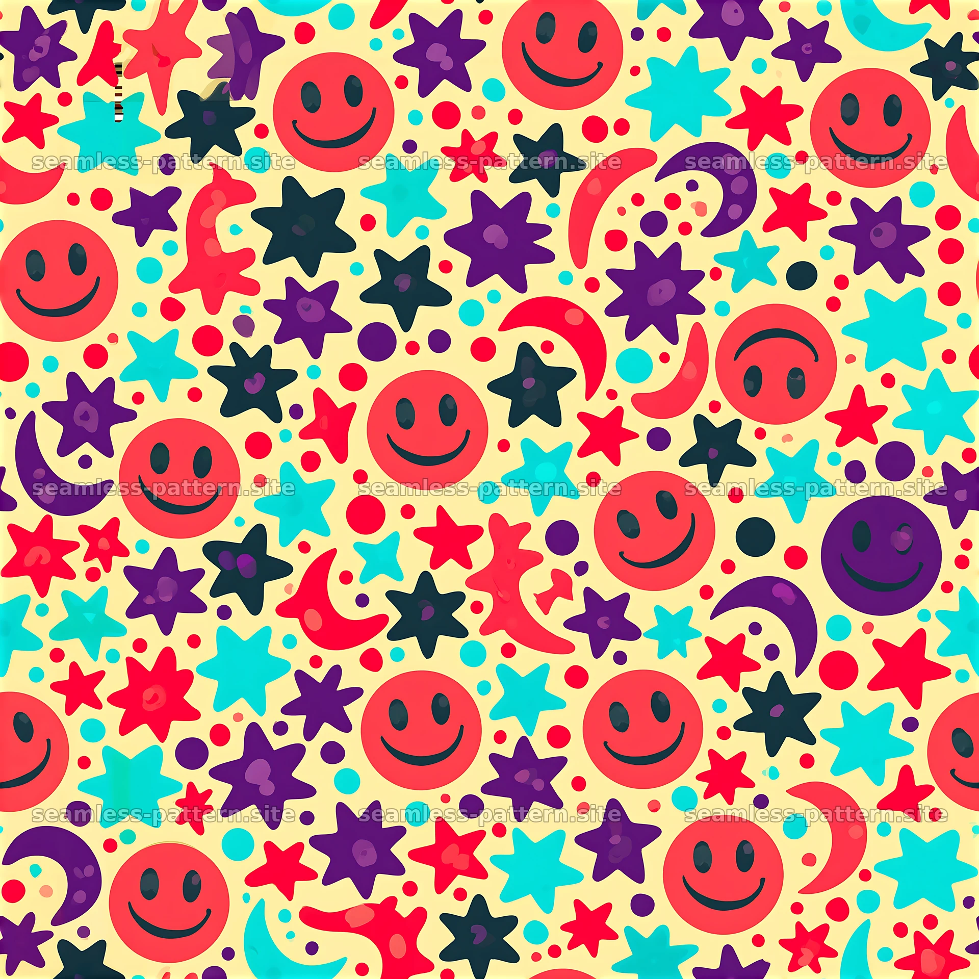 Funky Smiley Faces and Stars Seamless Pattern — seamless tileable pattern at 8192x8192