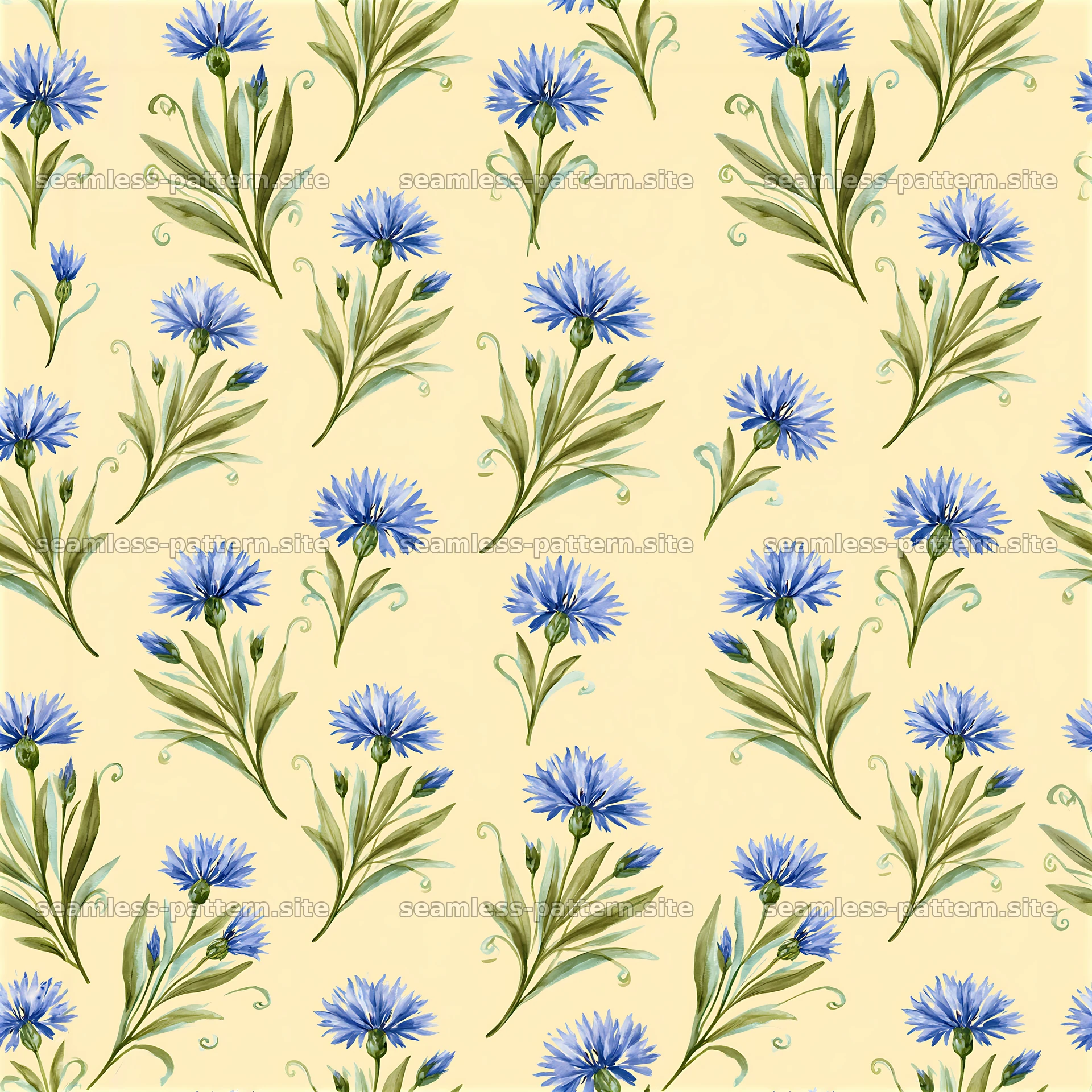 Repeating watercolor cornflower pattern with blue flowers and green leaves — seamless tileable pattern at 8192x8192