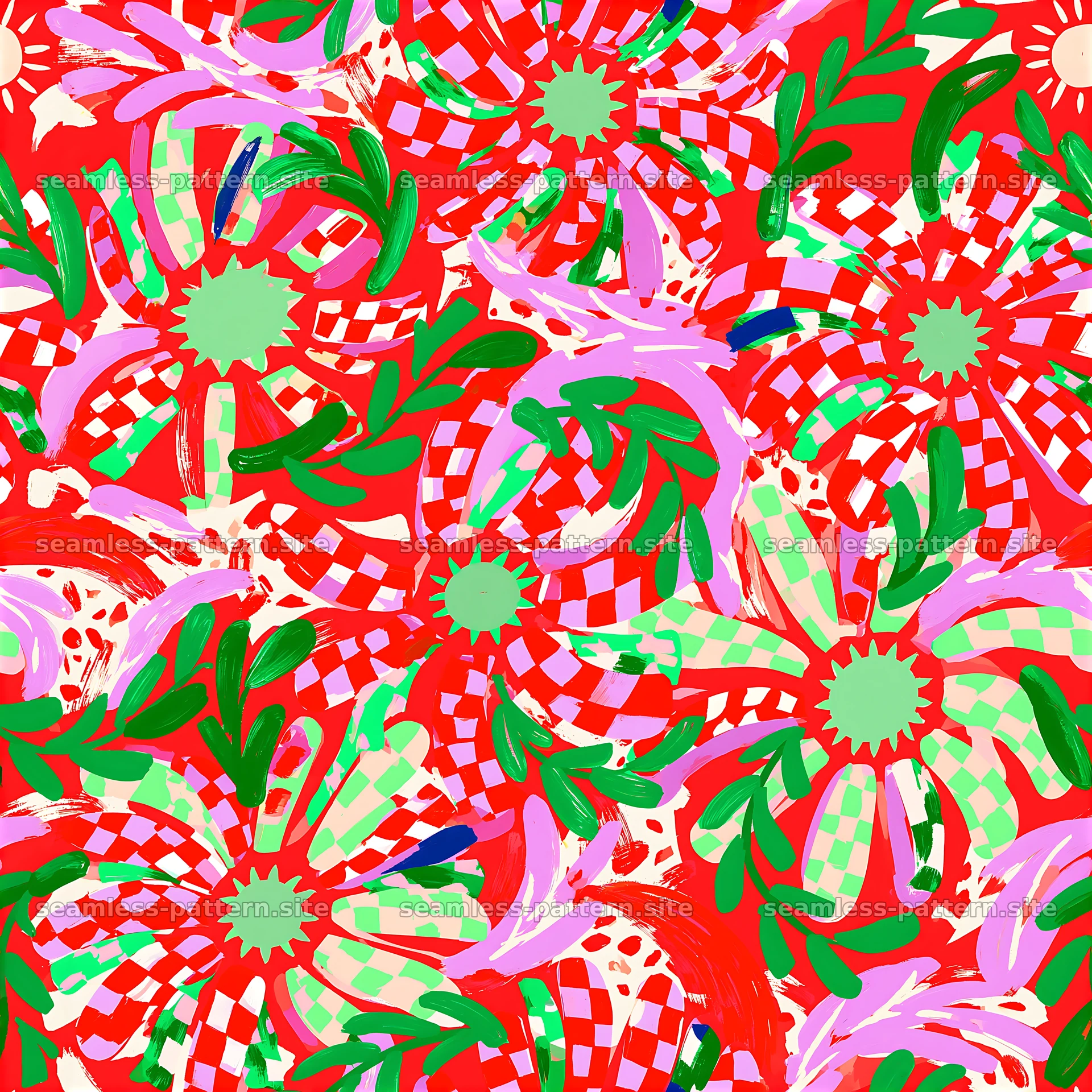 Bold floral seamless pattern with geometric elements and bright colors — seamless tileable pattern at 8192x8192
