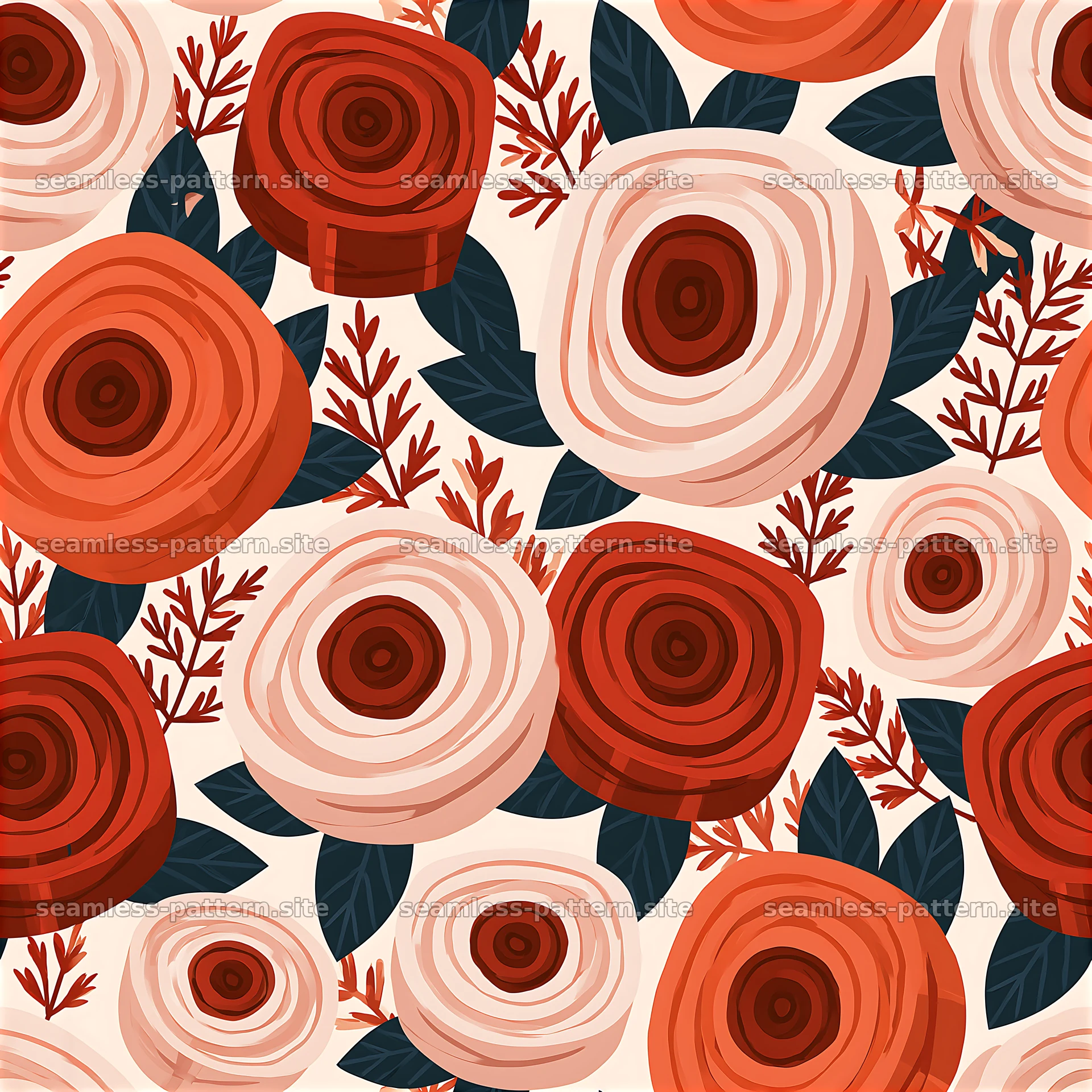 Colorful floral design with roses and leaves in seamless pattern — seamless tileable pattern at 8192x8192