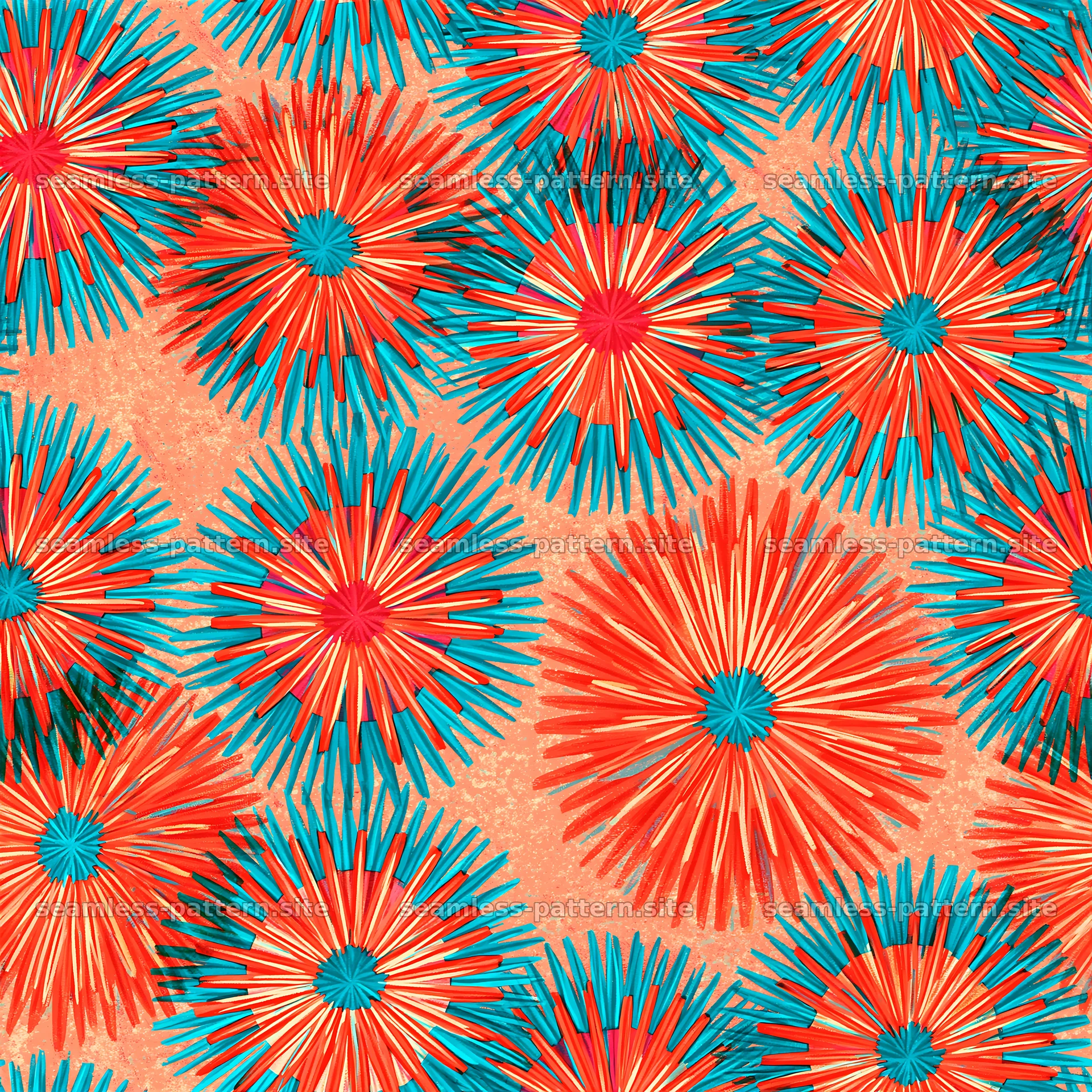 Vibrant Coral and Turquoise Sunburst Seamless Pattern — seamless tileable pattern at 8192x8192