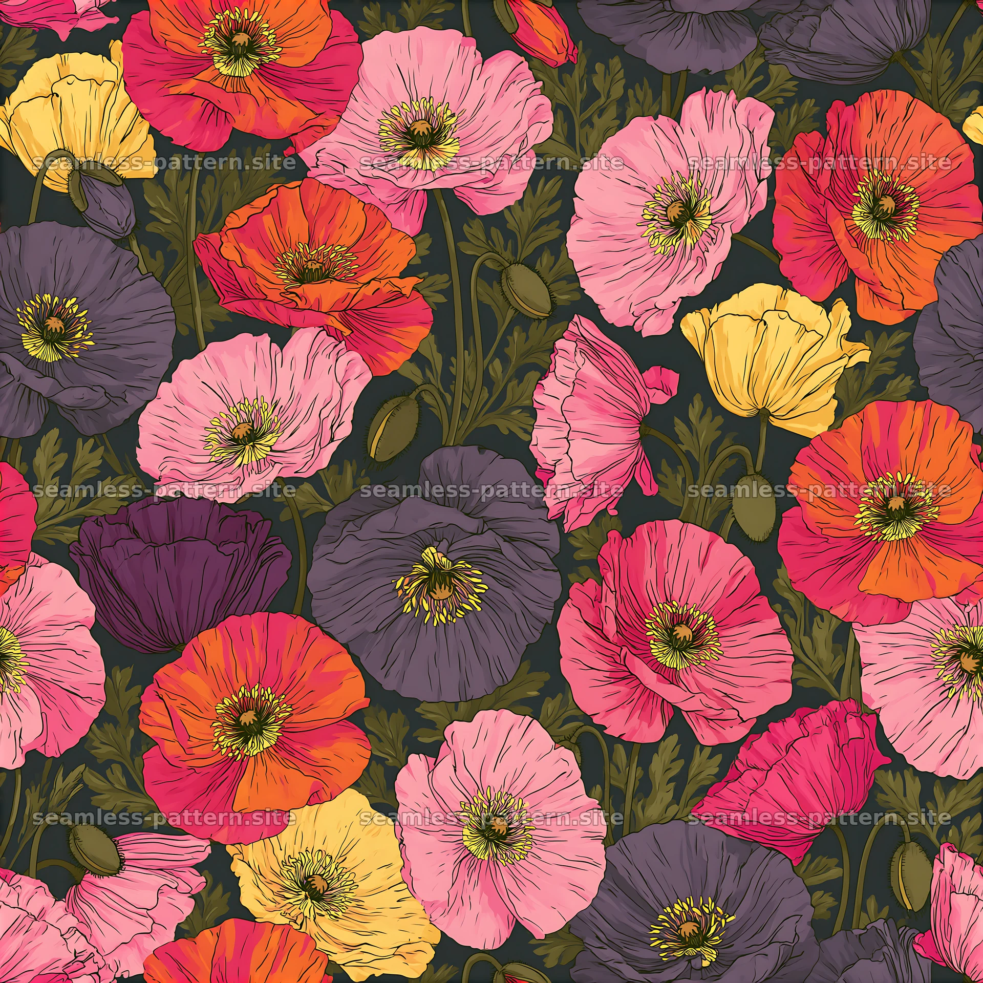 Colorful Poppy Seamless Pattern with Lush Foliage — seamless tileable pattern at 8192x8192