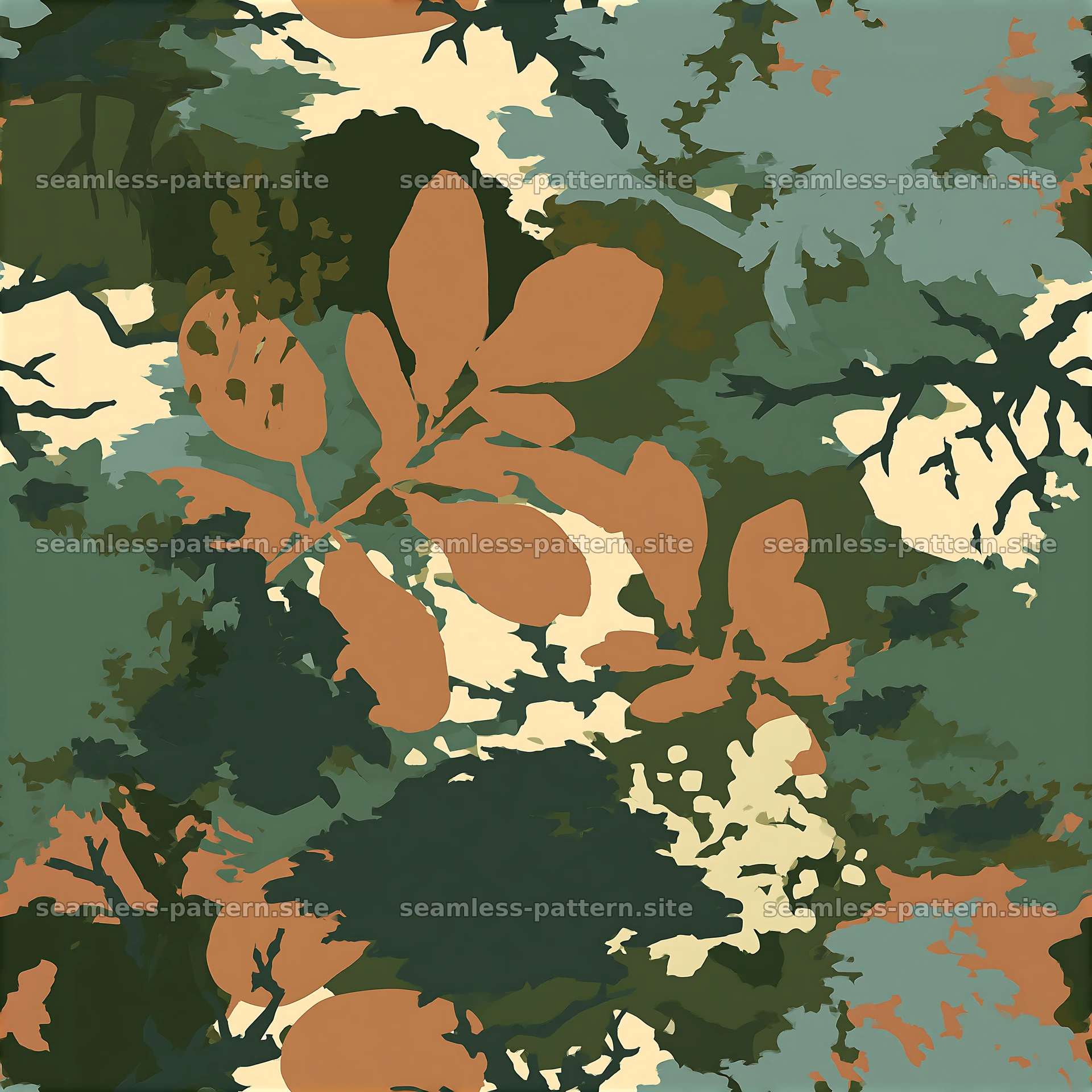 Seamless camouflage pattern with woodland leaves and branches — seamless tileable pattern at 8192x8192