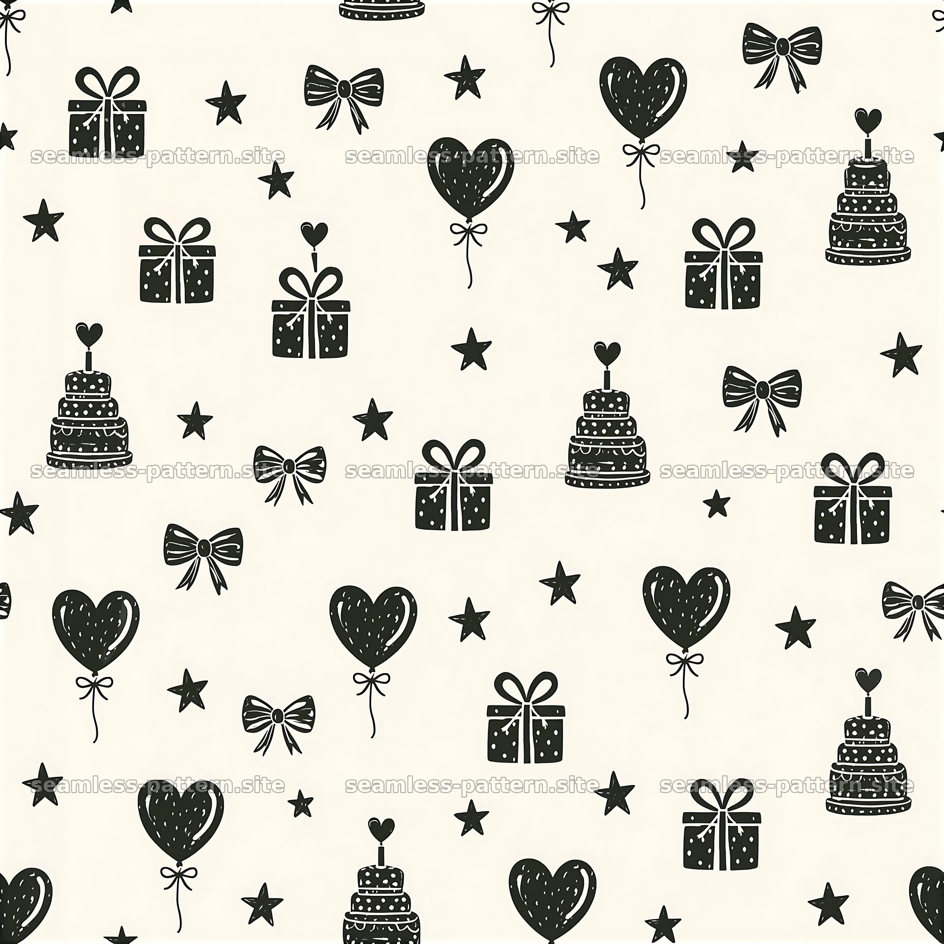 Black and White Birthday Celebration Seamless Pattern — seamless tileable pattern at 8192x8192