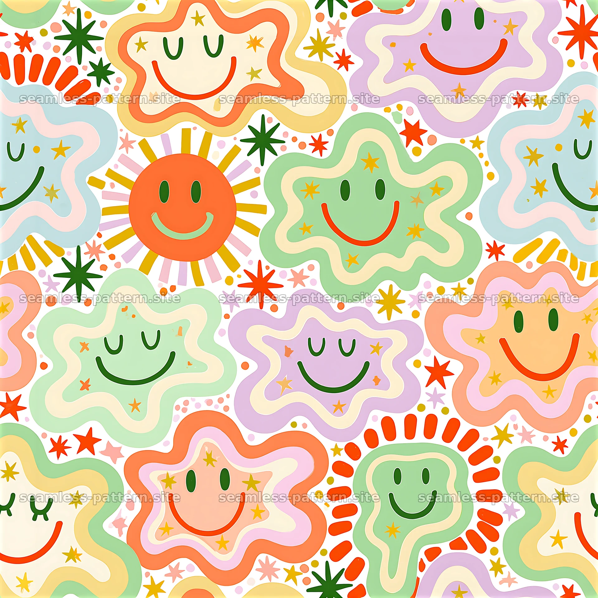 Colorful, smiling face designs in a seamless pattern — seamless tileable pattern at 8192x8192