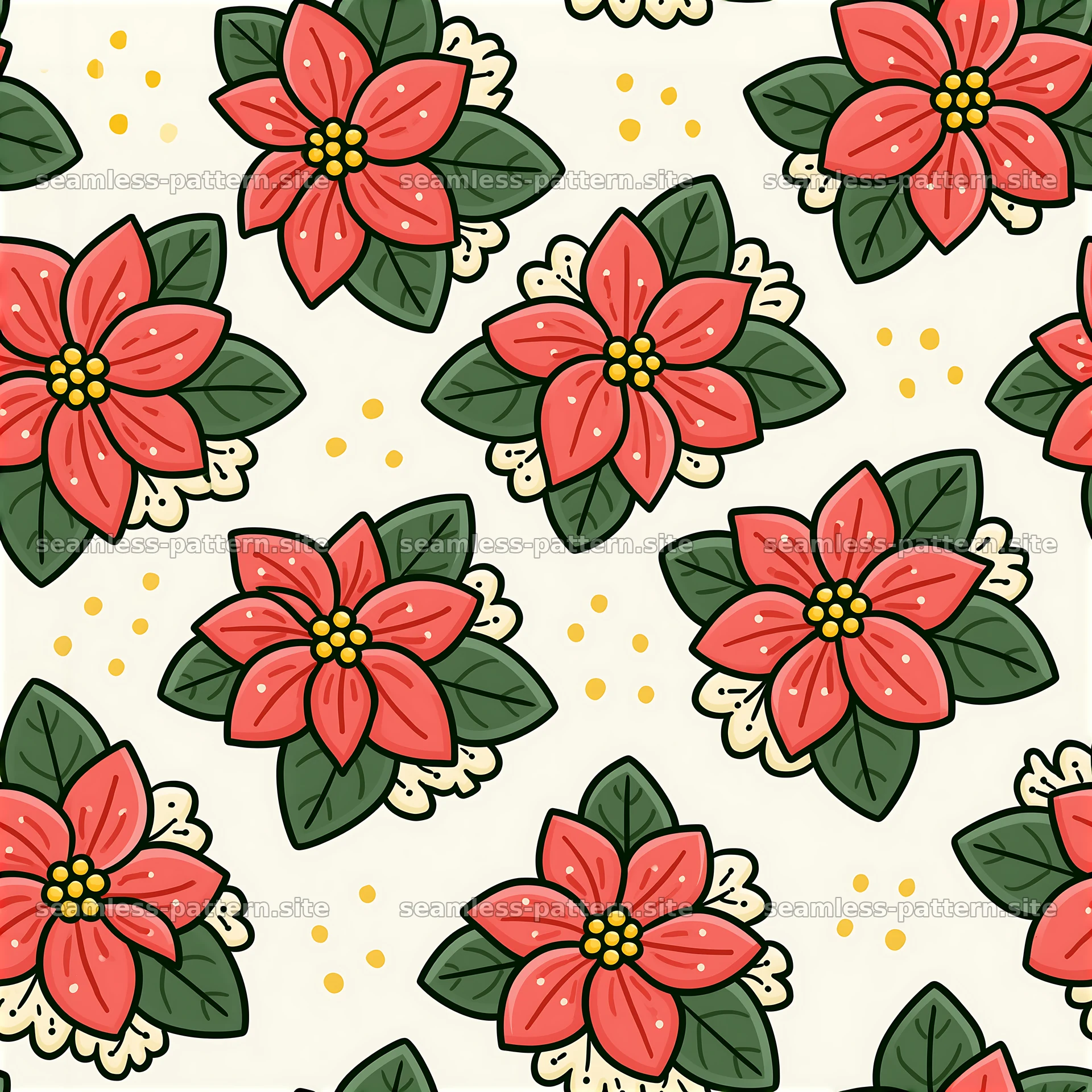 Poinsettia flowers and leaves in red and green seamless pattern — seamless tileable pattern at 8192x8192