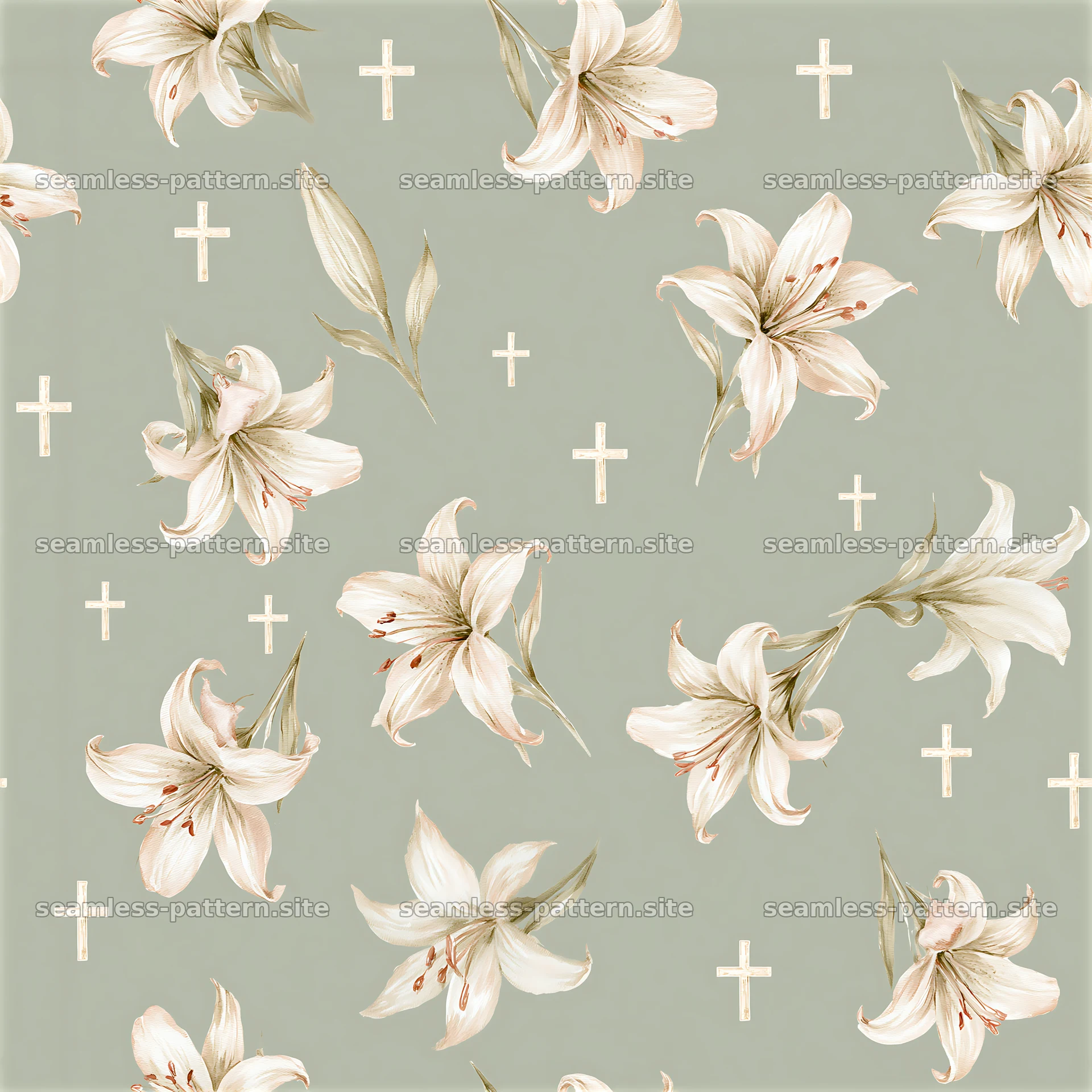 Watercolor Lily and Cross Repeating Pattern — seamless tileable pattern at 8192x8192