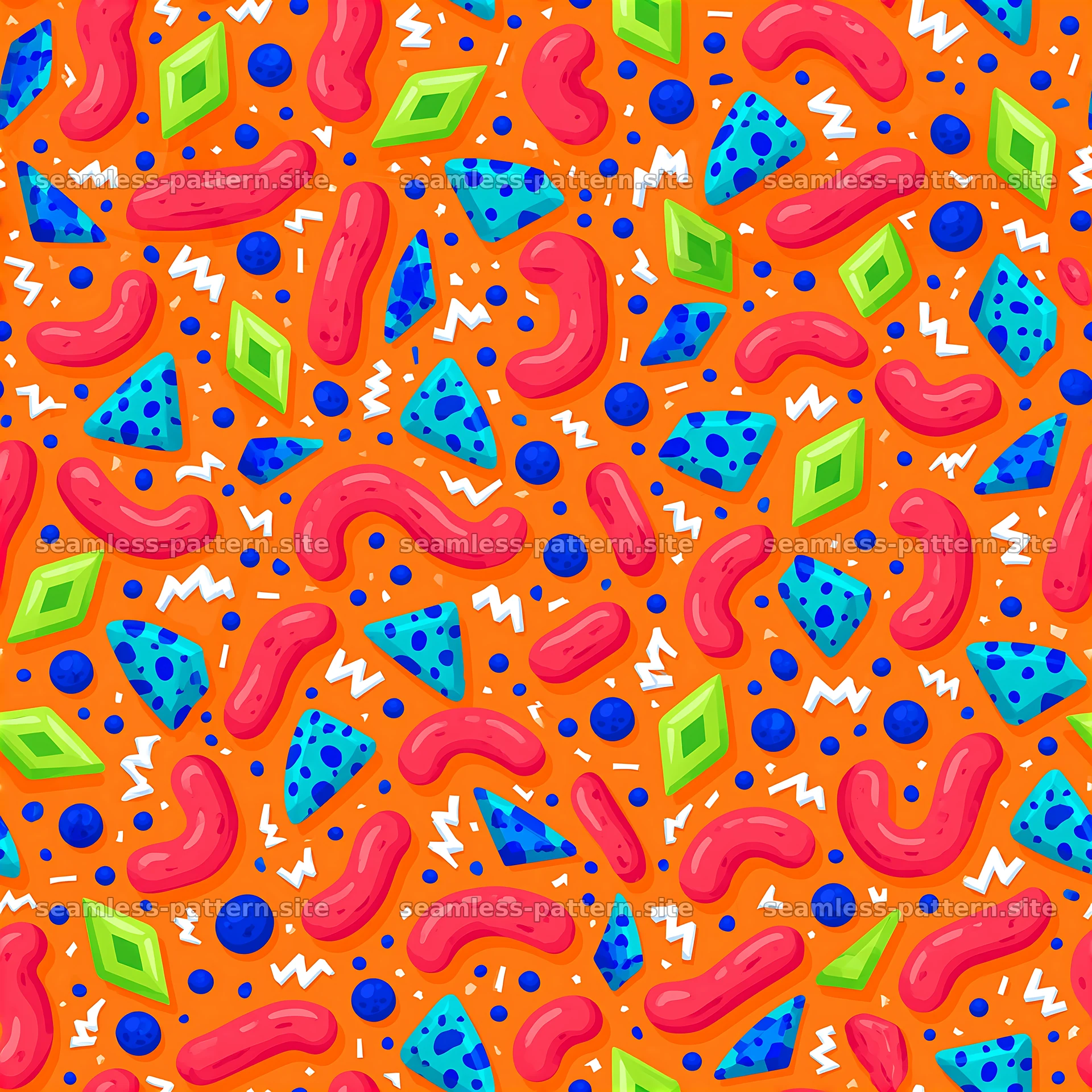 Colorful geometric shapes on a bright orange background — seamless tileable pattern at 8192x8192
