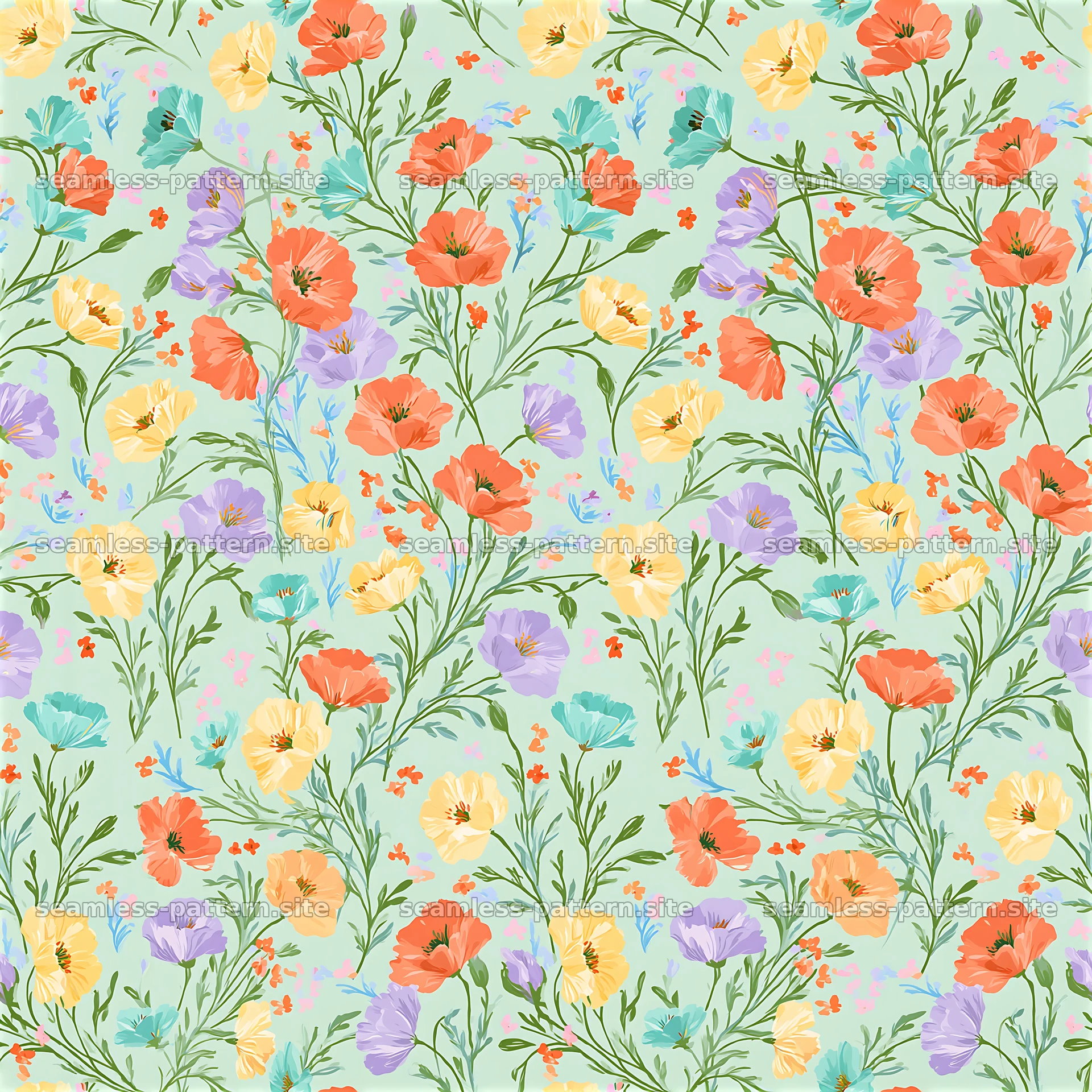 Colorful poppies seamless pattern with various colors on a light — seamless tileable pattern at 8192x8192