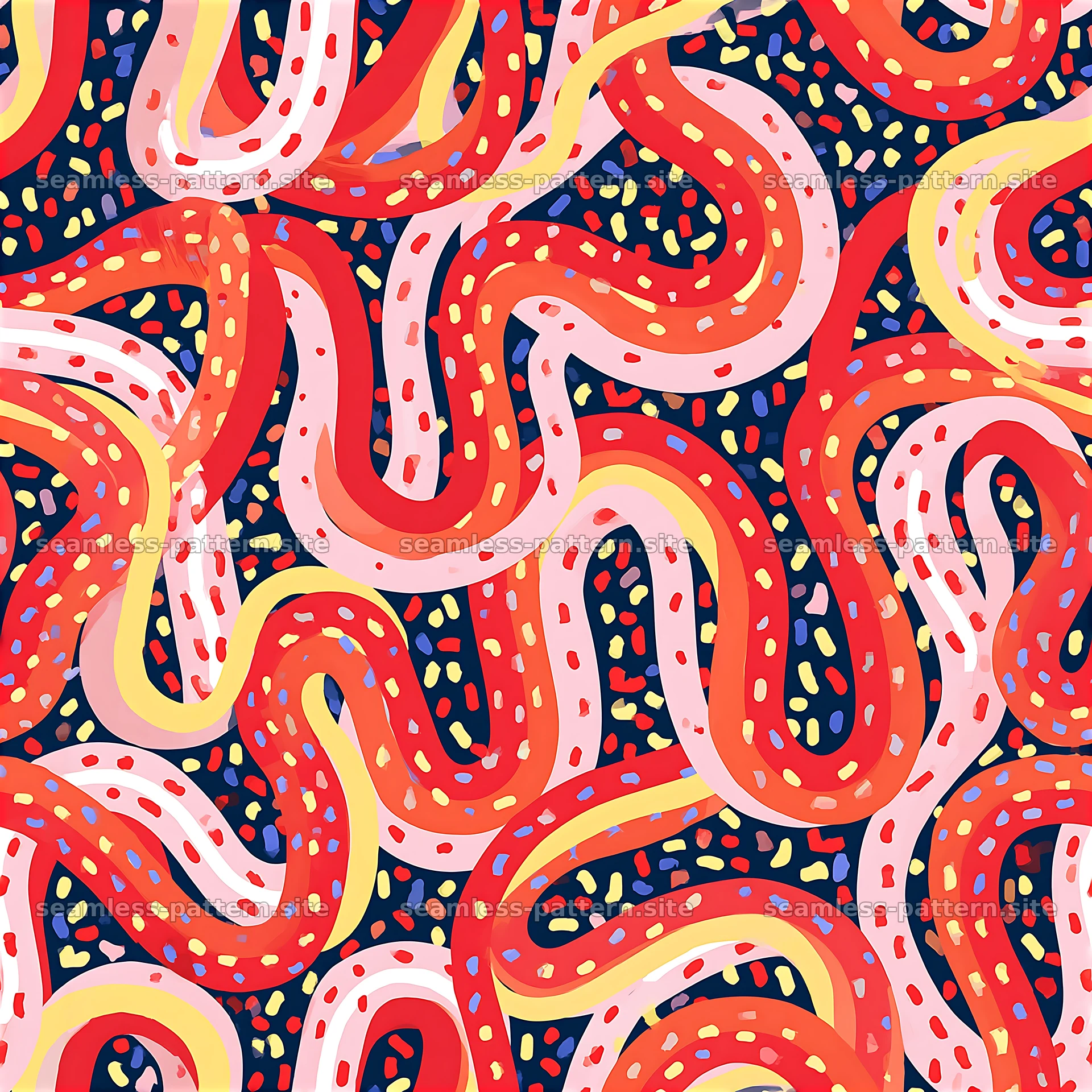 Colorful flowing lines seamless pattern with dots — seamless tileable pattern at 8192x8192