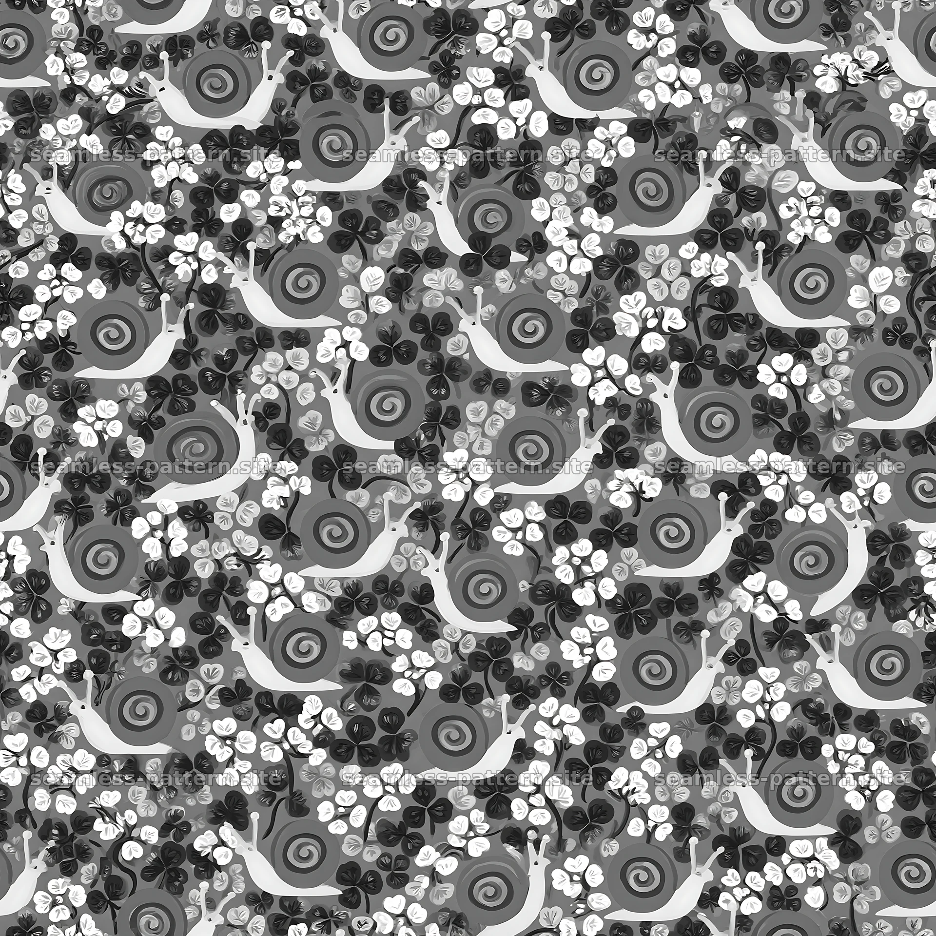 Seamless pattern of snails and clover leaves in black and white — seamless tileable pattern