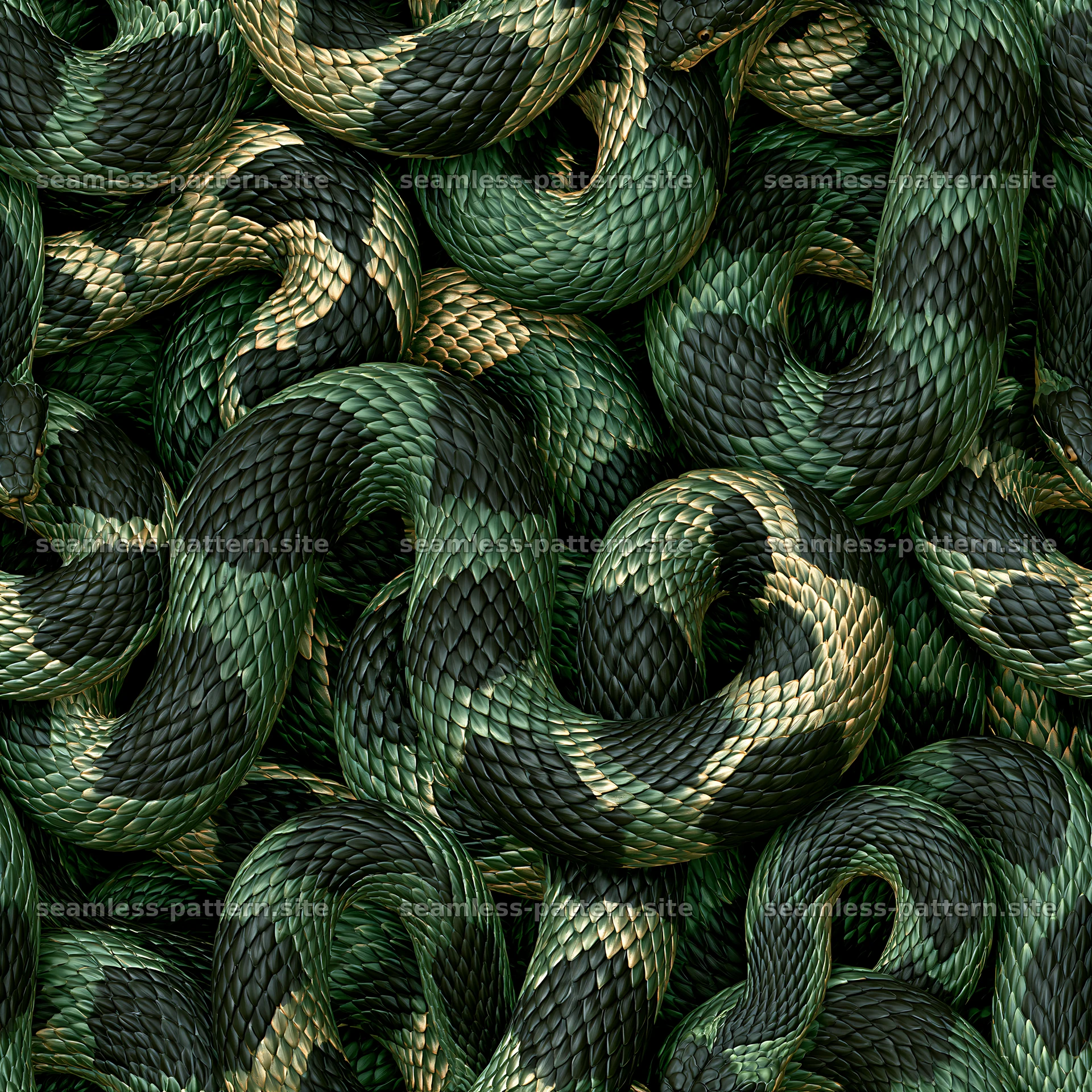 Seamless macro scale snake pattern with green and black scales — seamless tileable pattern at 8192x8192