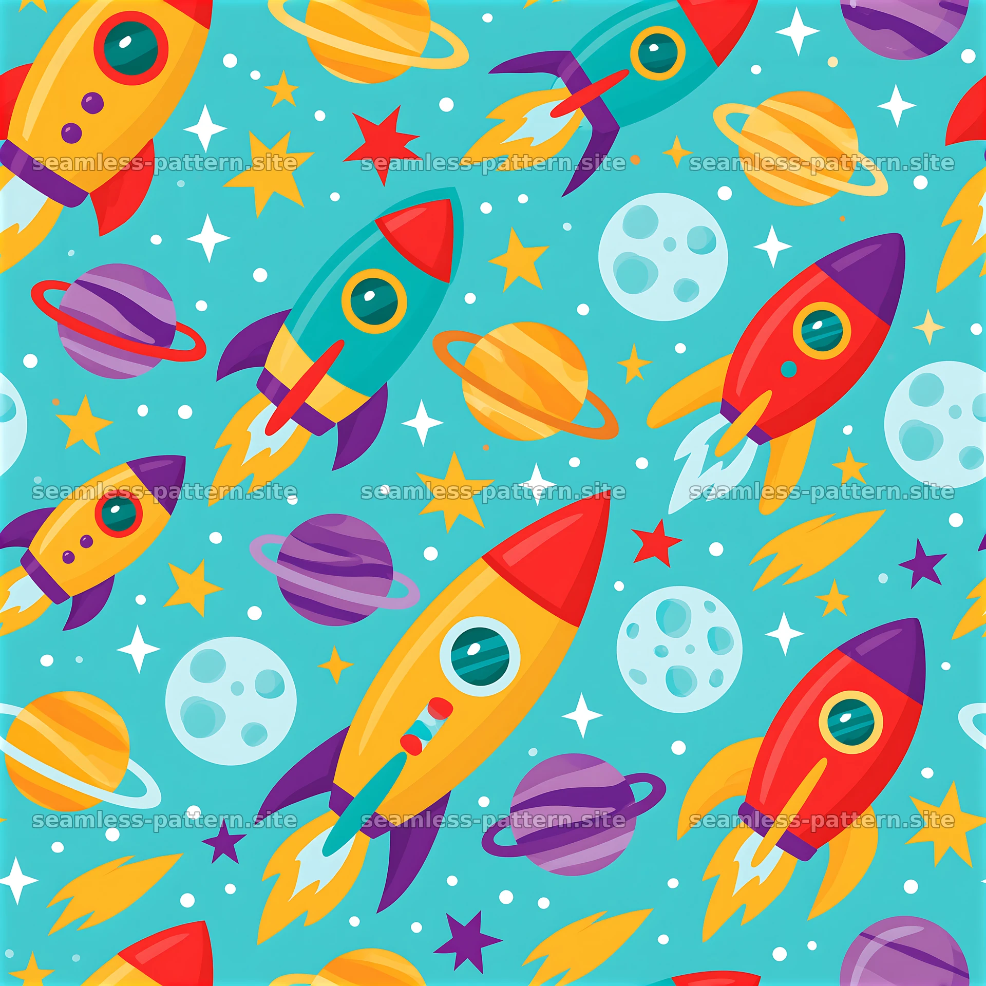 Colorful rocket pattern with stars and planets for kids' designs — seamless tileable pattern at 8192x8192