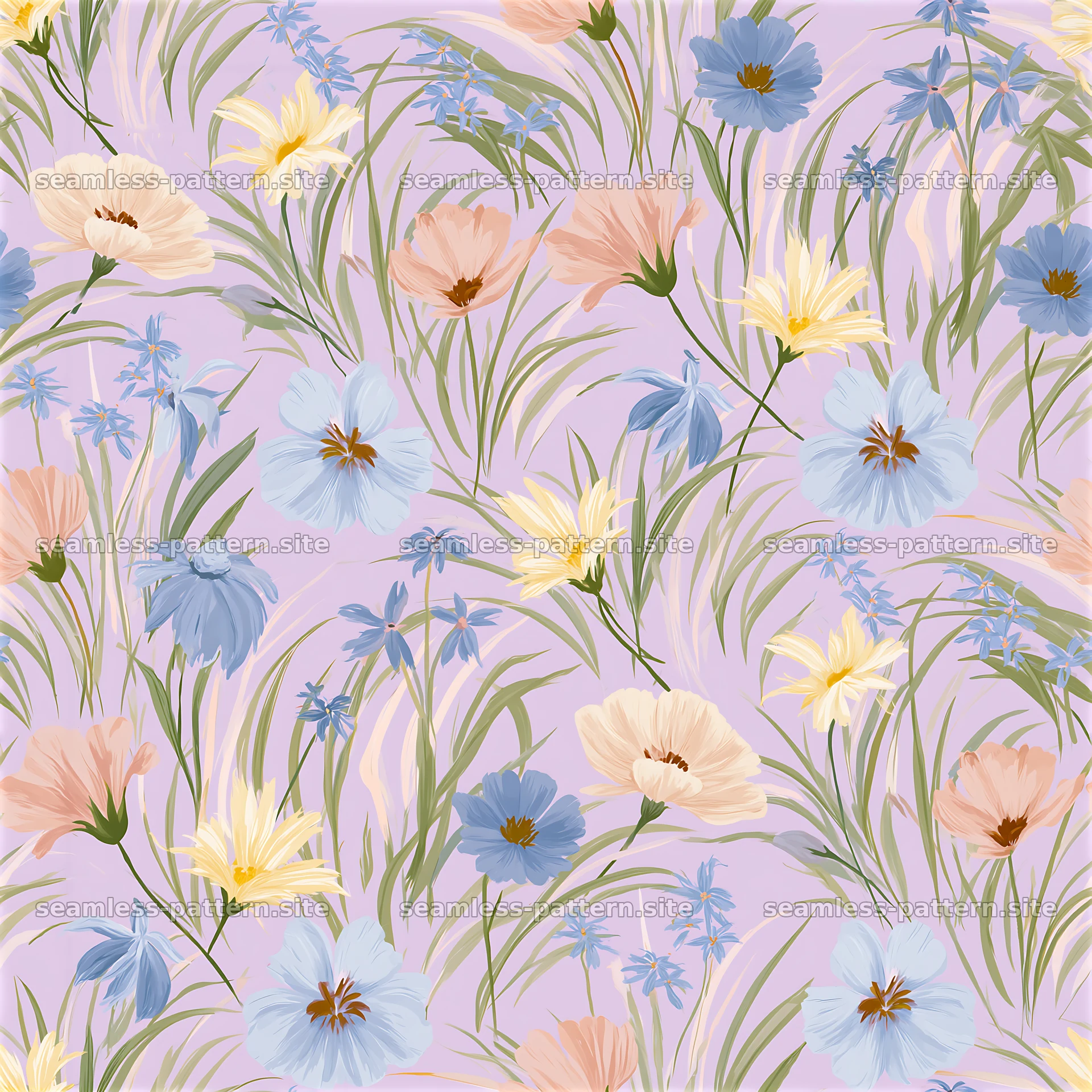 Meadow flower seamless pattern with soft colors and varied blooms — seamless tileable pattern at 8192x8192