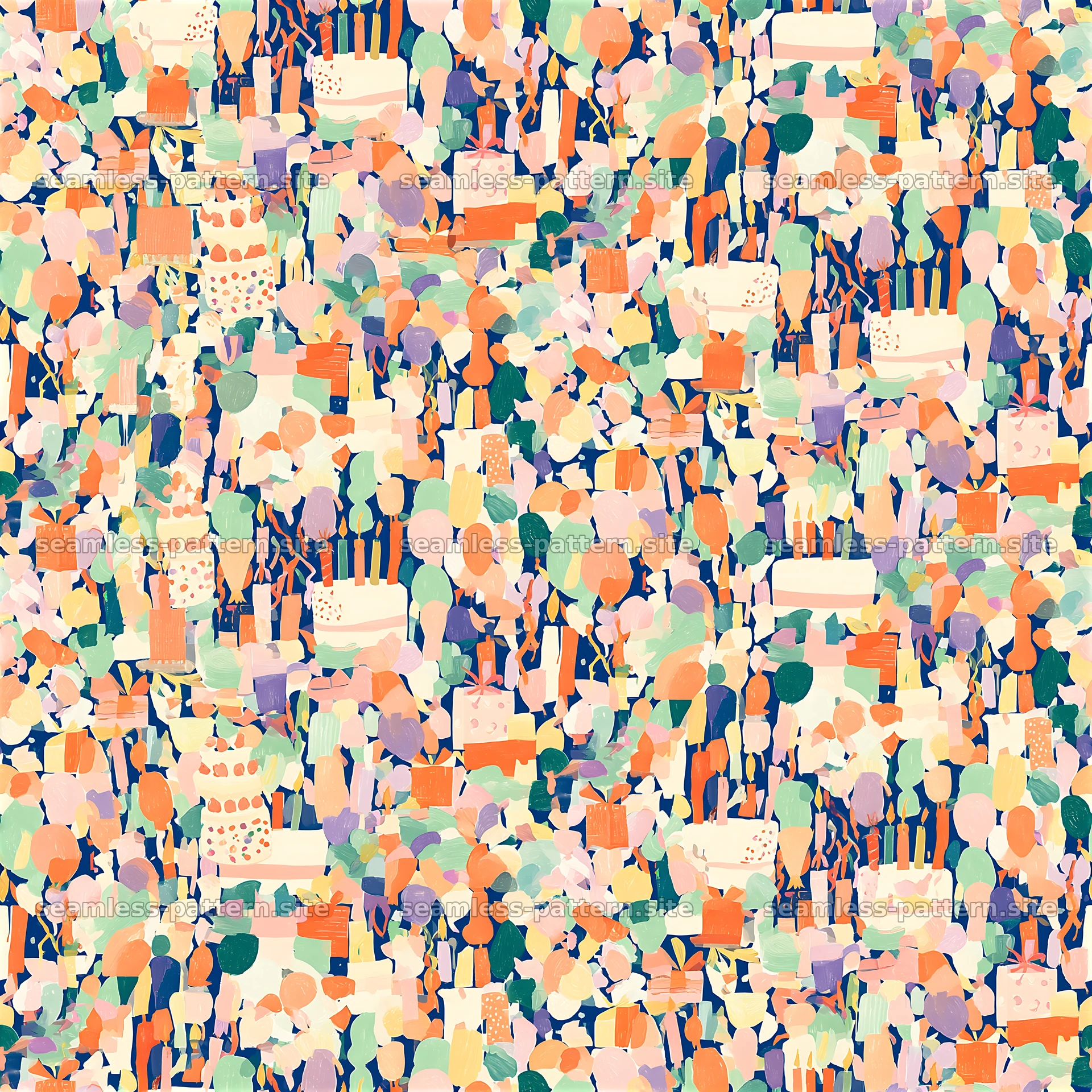 Colorful seamless pattern with cakes, balloons and festive elements — seamless tileable pattern at 8192x8192