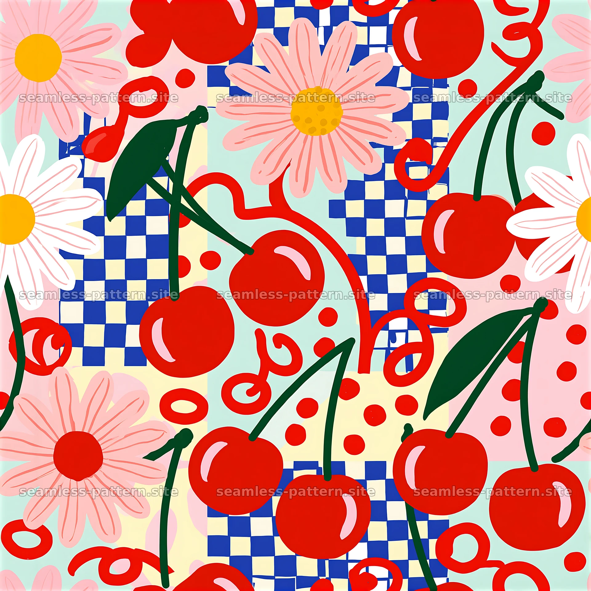 Bright eclectic seamless pattern with cherries and flowers — seamless tileable pattern at 8192x8192