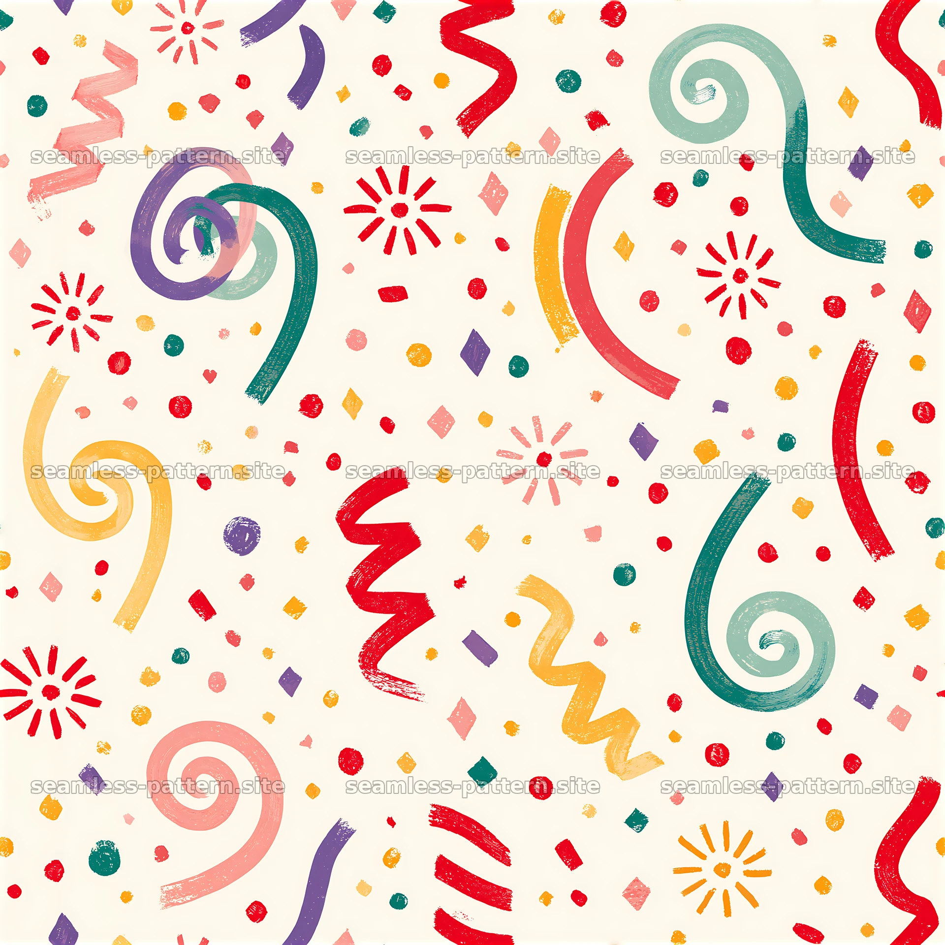 Colorful party seamless pattern with swirls and confetti shapes — seamless tileable pattern at 8192x8192