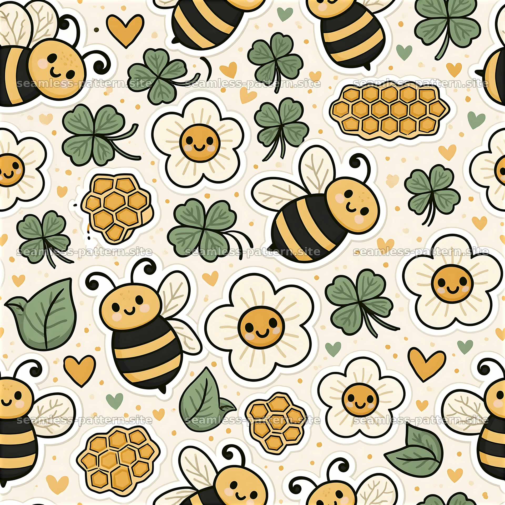Colorful seamless pattern with bees, flowers, and honeycombs — seamless tileable pattern at 8192x8192