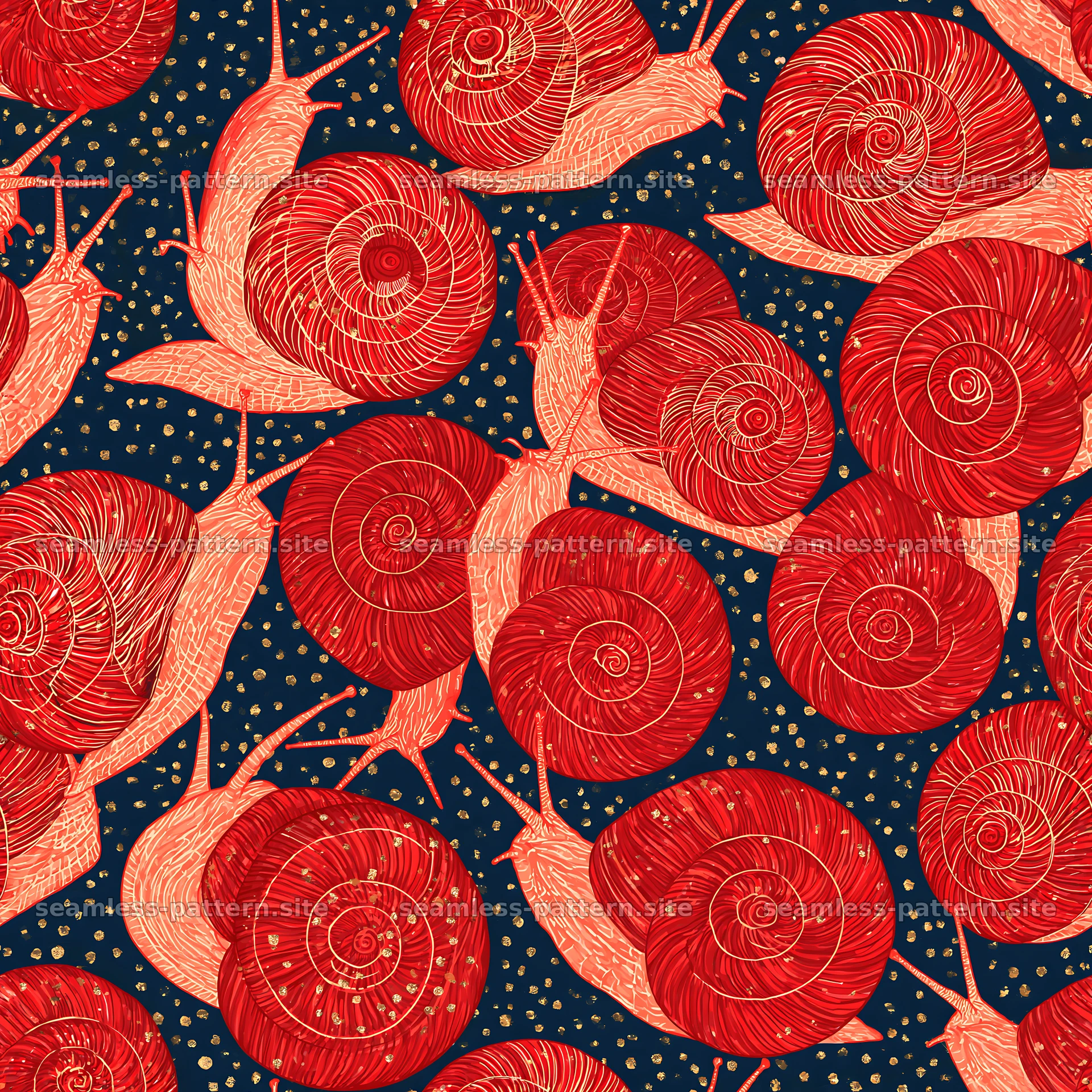 Crimson snail repeating pattern on dark background — seamless tileable pattern