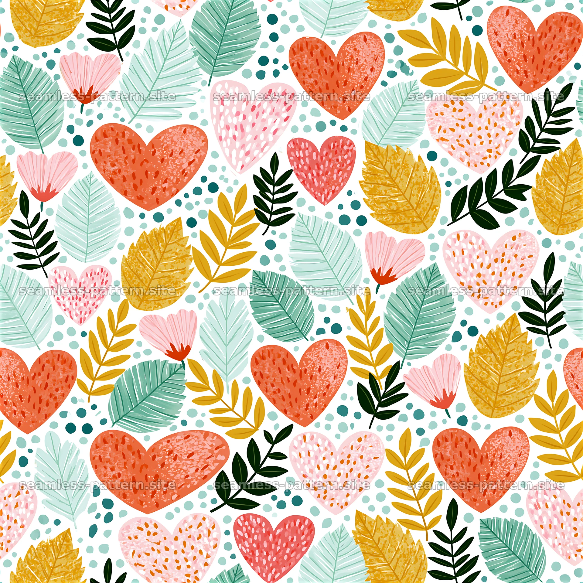 Colorful Hearts and Botanical Leaves Seamless Pattern — seamless tileable pattern at 8192x8192