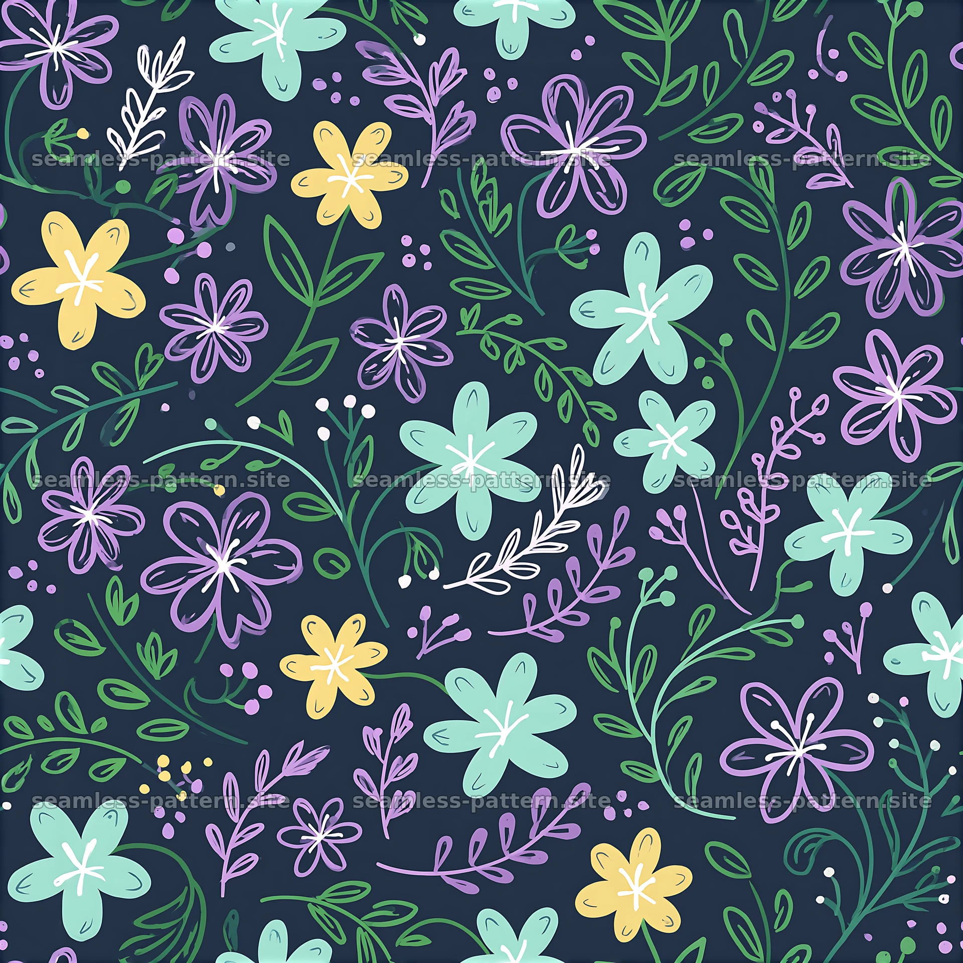 Cute floral doodles seamless pattern with colorful flowers and leaves — seamless tileable pattern at 8192x8192