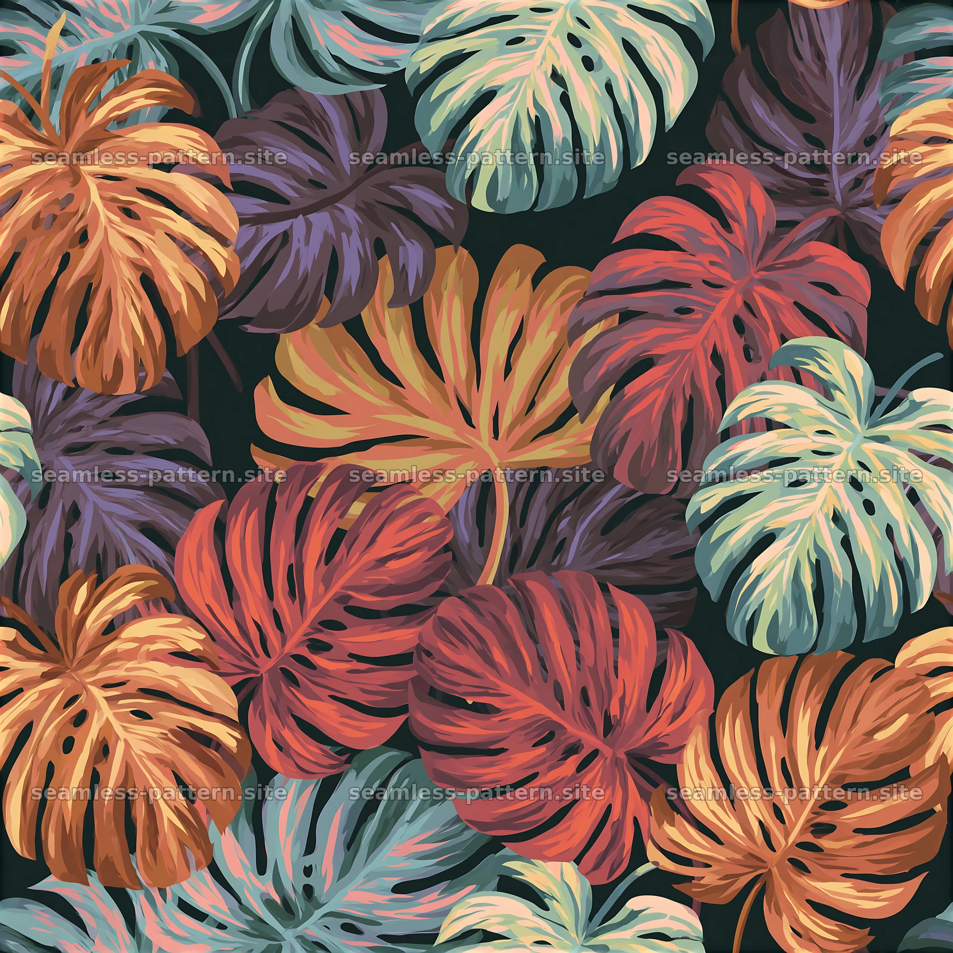 Colorful monstera leaves seamless pattern — seamless tileable pattern at 8192x8192