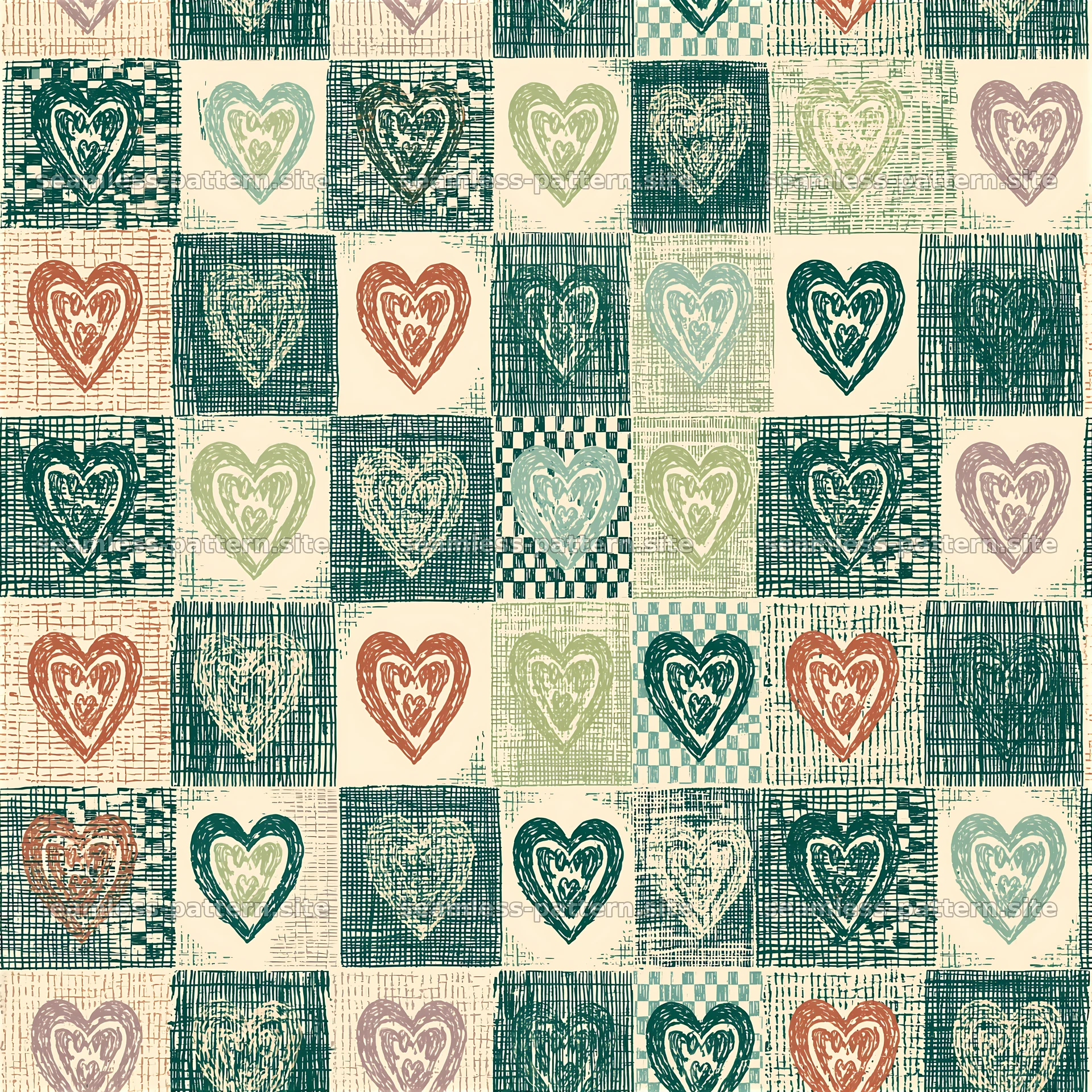 Colorful hearts in various patterns on a seamless background — seamless tileable pattern at 8192x8192