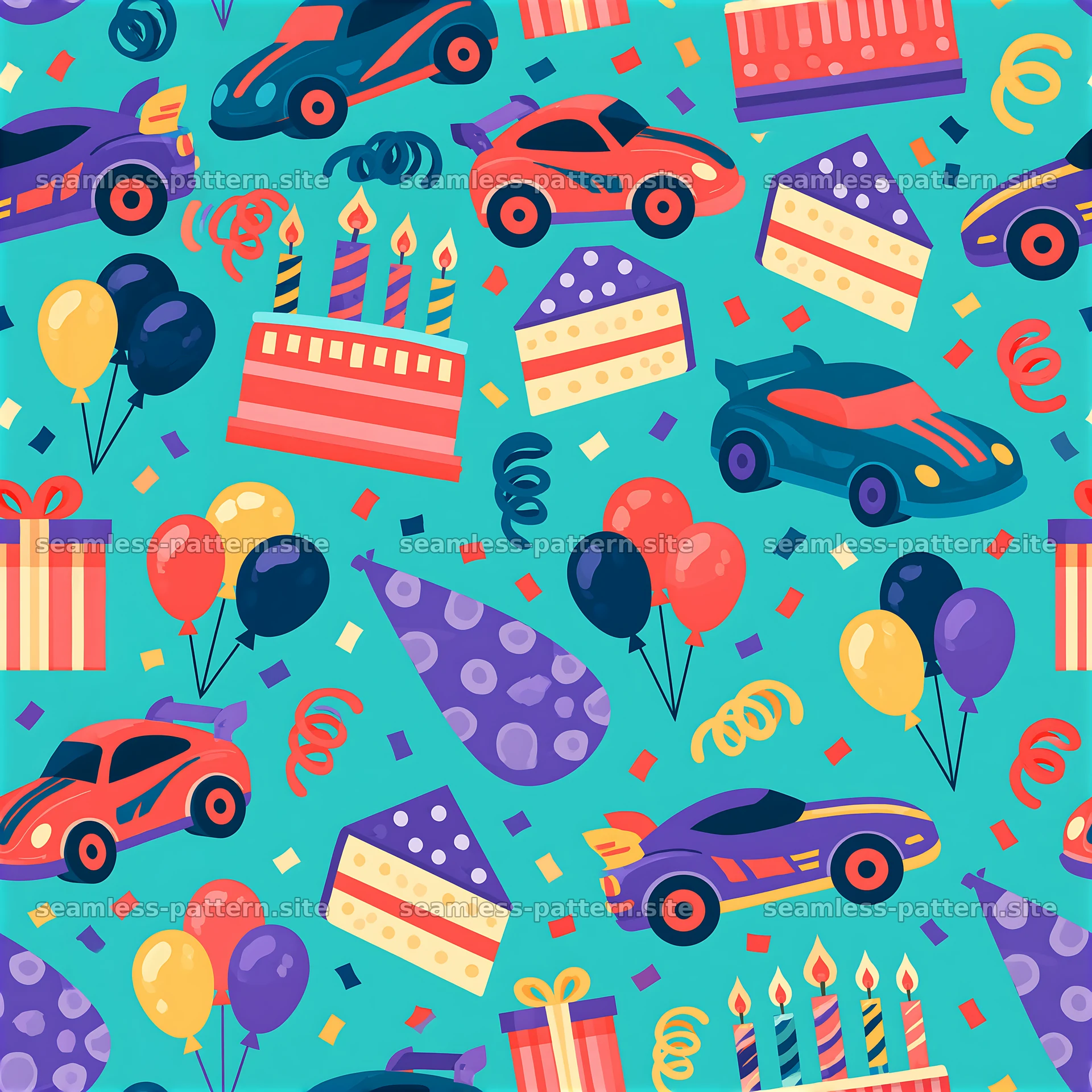 Birthday race cars seamless pattern with colorful party elements — seamless tileable pattern at 8192x8192