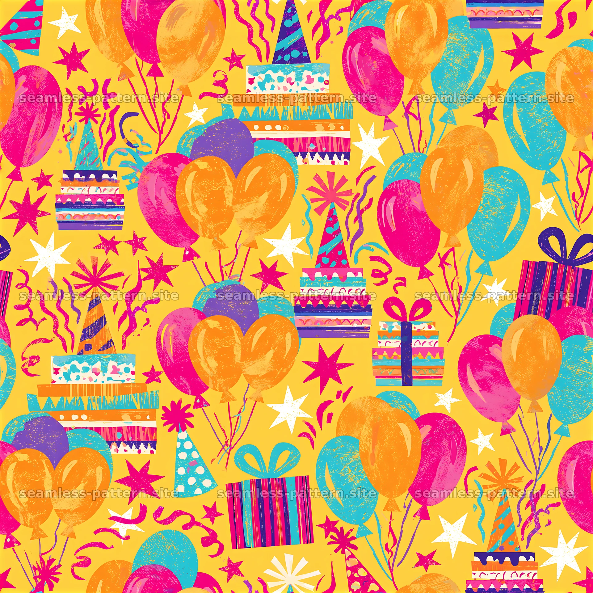 Birthday scrapbook repeat pattern with balloons, cakes, and gifts — seamless tileable pattern at 8192x8192