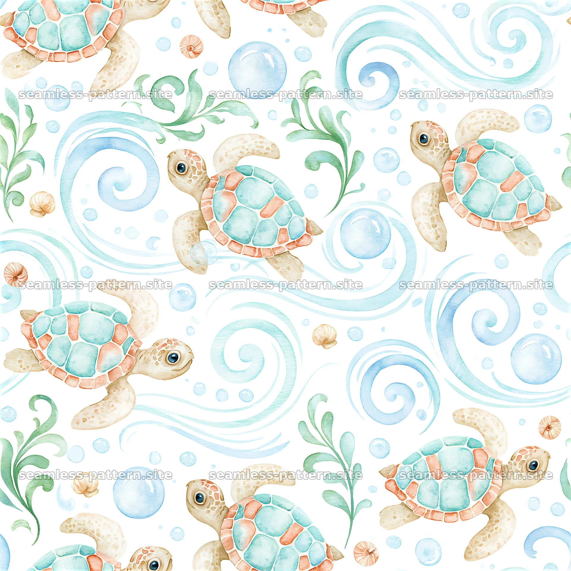 Cute turtle seamless pattern with water swirls and bubbles — seamless tileable pattern at 8192x8192