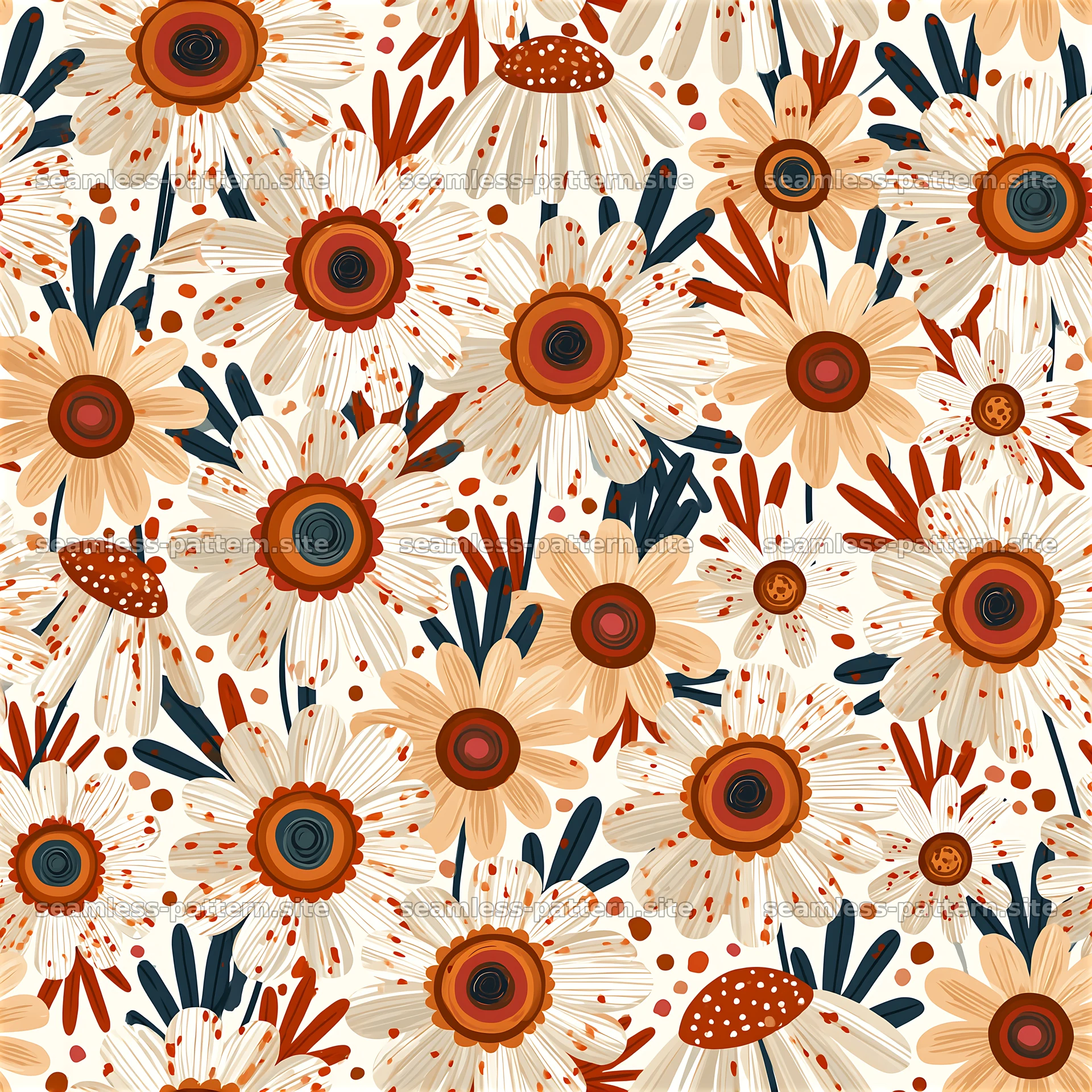 Funky Daisy Floral Seamless Pattern in Warm Retro Colors — seamless tileable pattern at 8192x8192