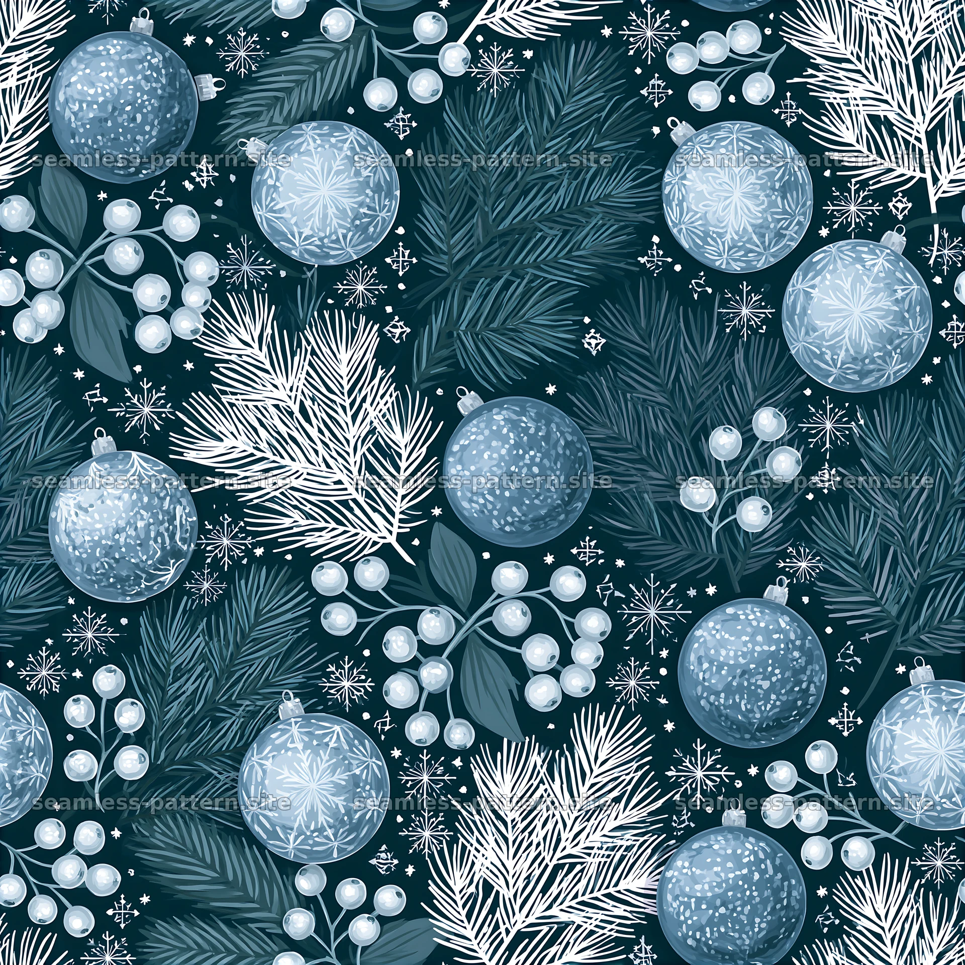 Winter foliage and ornaments seamless pattern for holiday decor — seamless tileable pattern at 8192x8192
