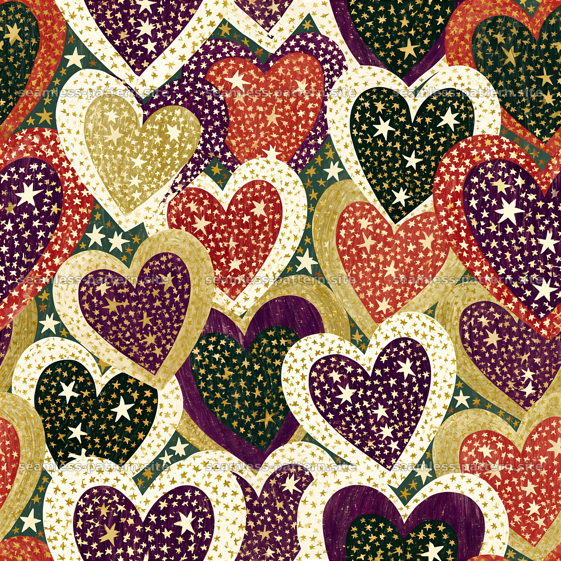Seamless heart and star pattern in jewel tones — seamless tileable pattern at 8192x8192