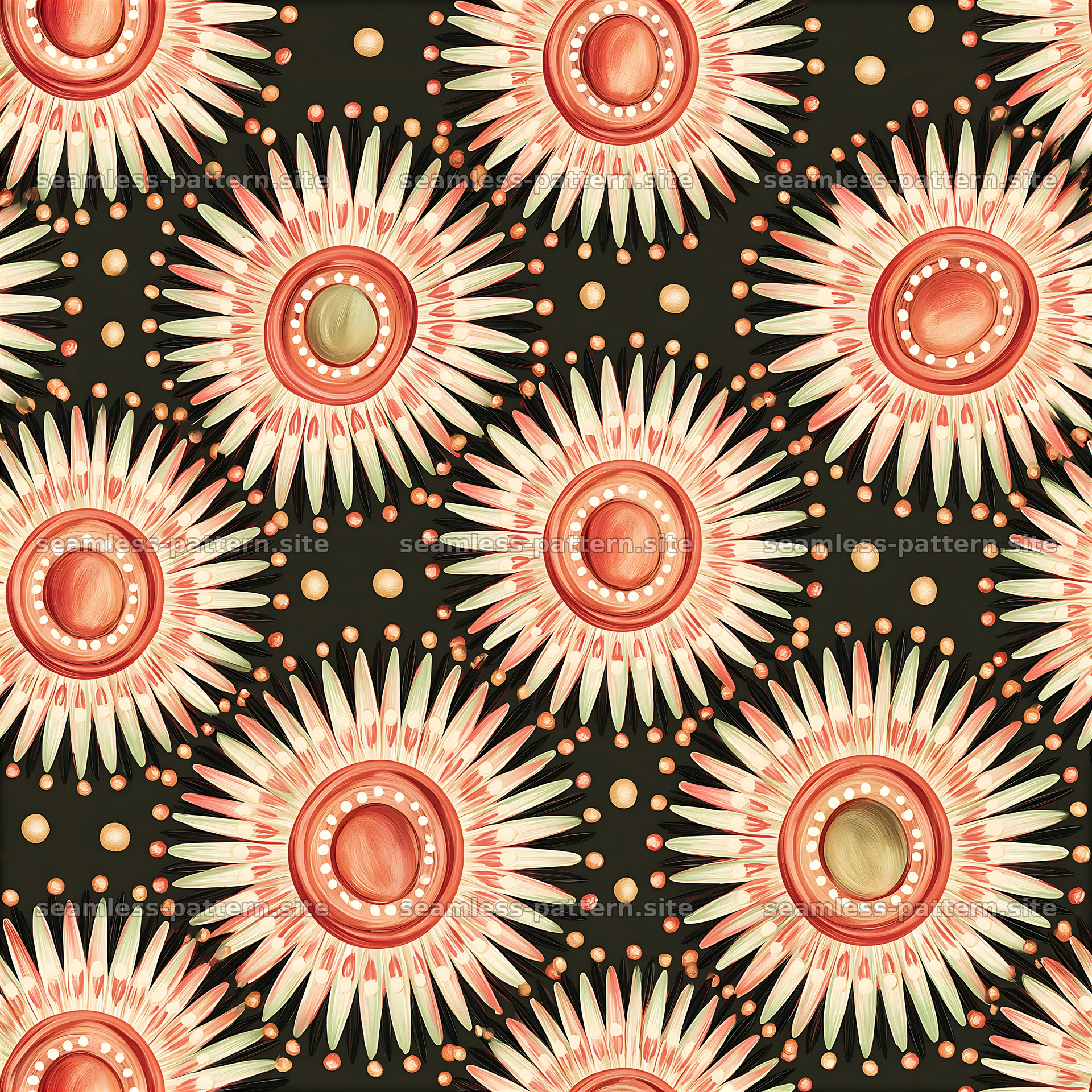 Bold floral sun pattern in black, red, and gold colors — seamless tileable pattern at 8192x8192