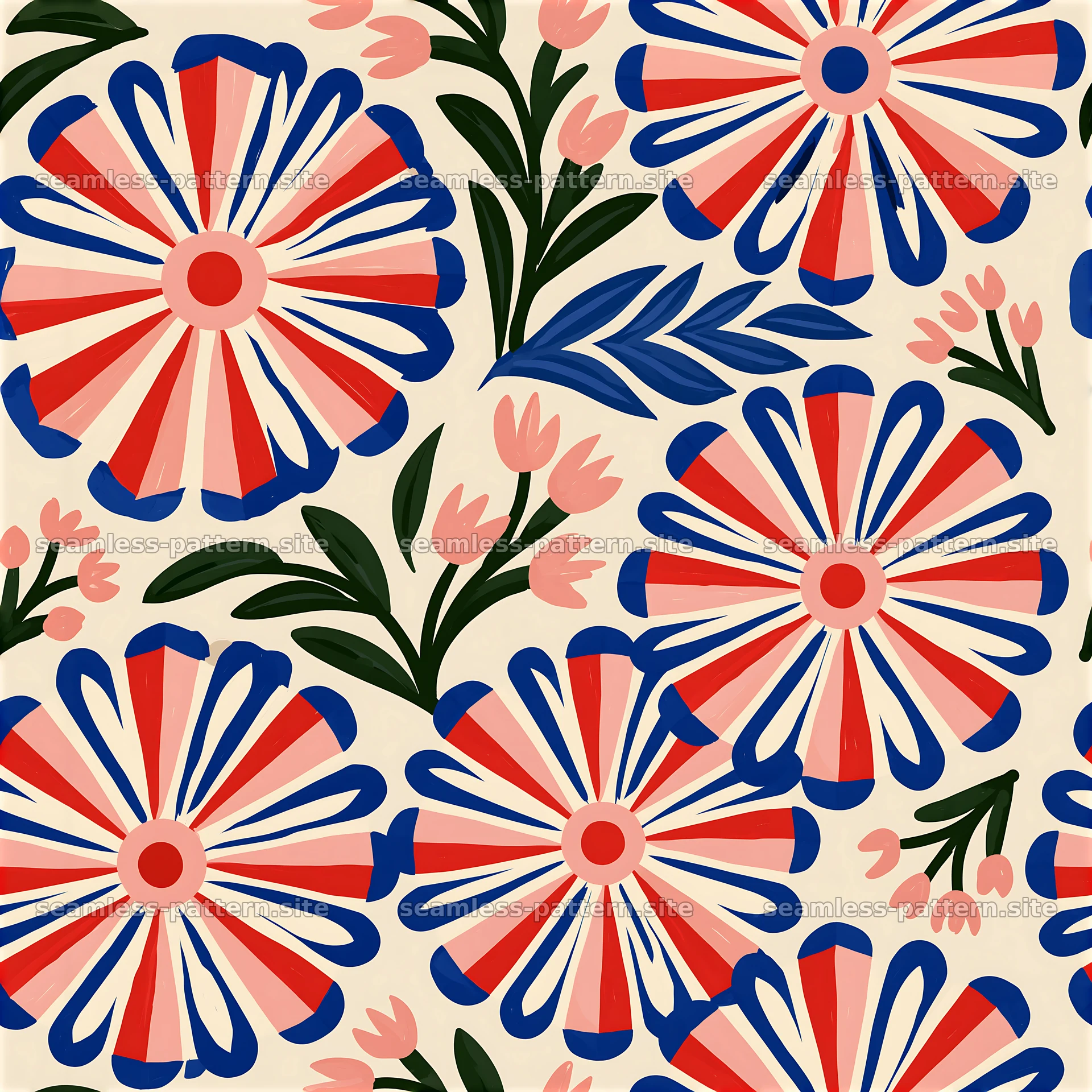 Folk art flower seamless pattern with vibrant blooms and leaves — seamless tileable pattern at 8192x8192