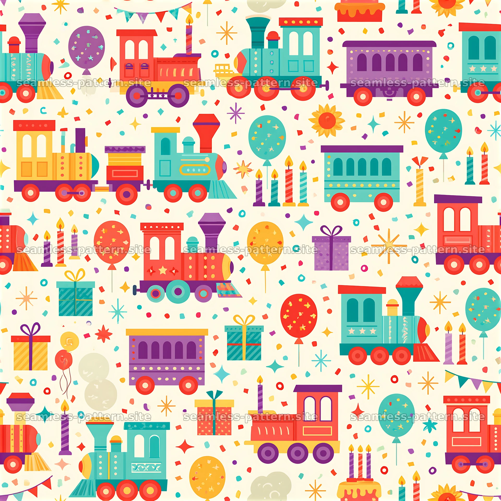 Birthday trains seamless pattern with colorful elements for celebrations — seamless tileable pattern at 8192x8192