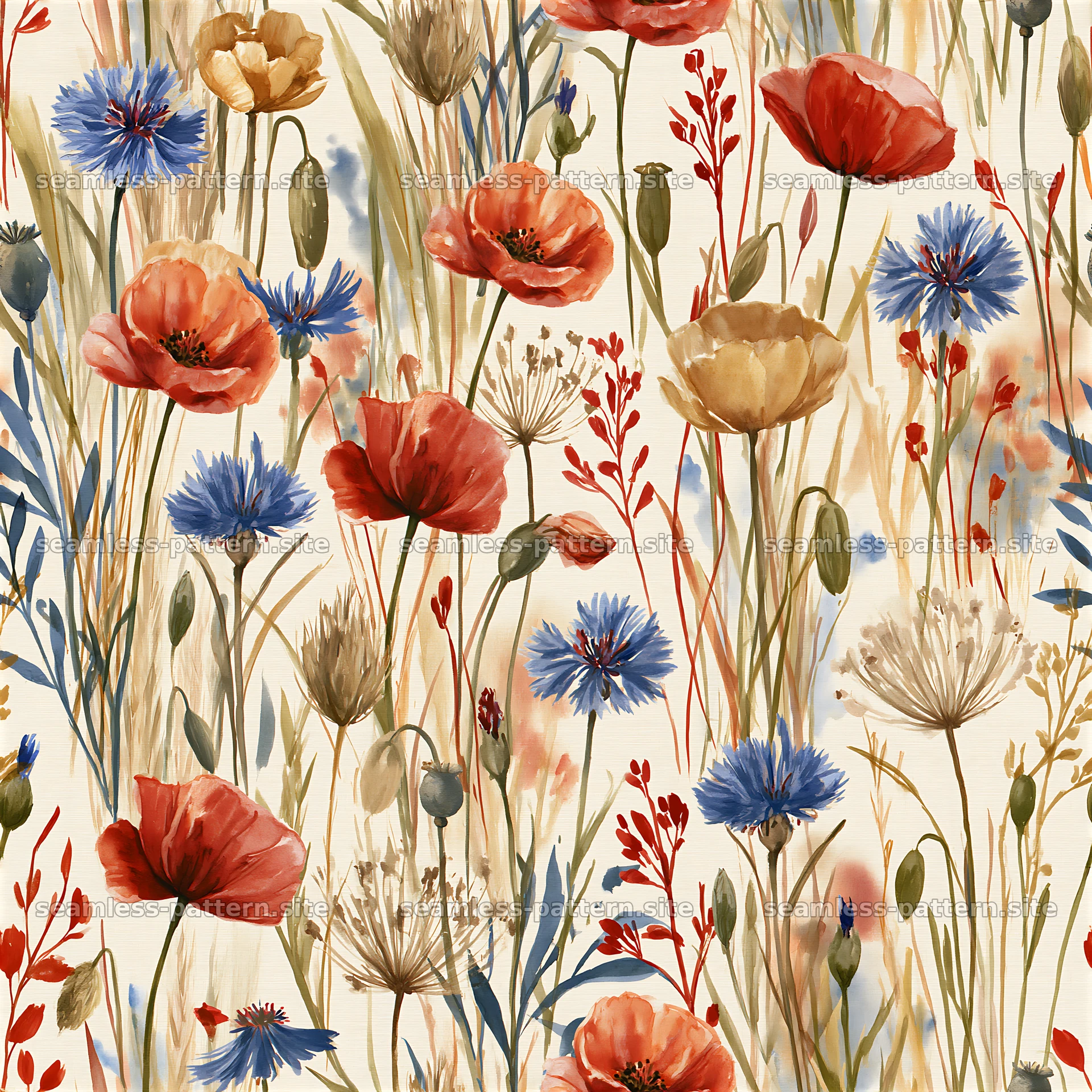 Watercolor floral repeating pattern featuring colorful wildflowers — seamless tileable pattern at 8192x8192