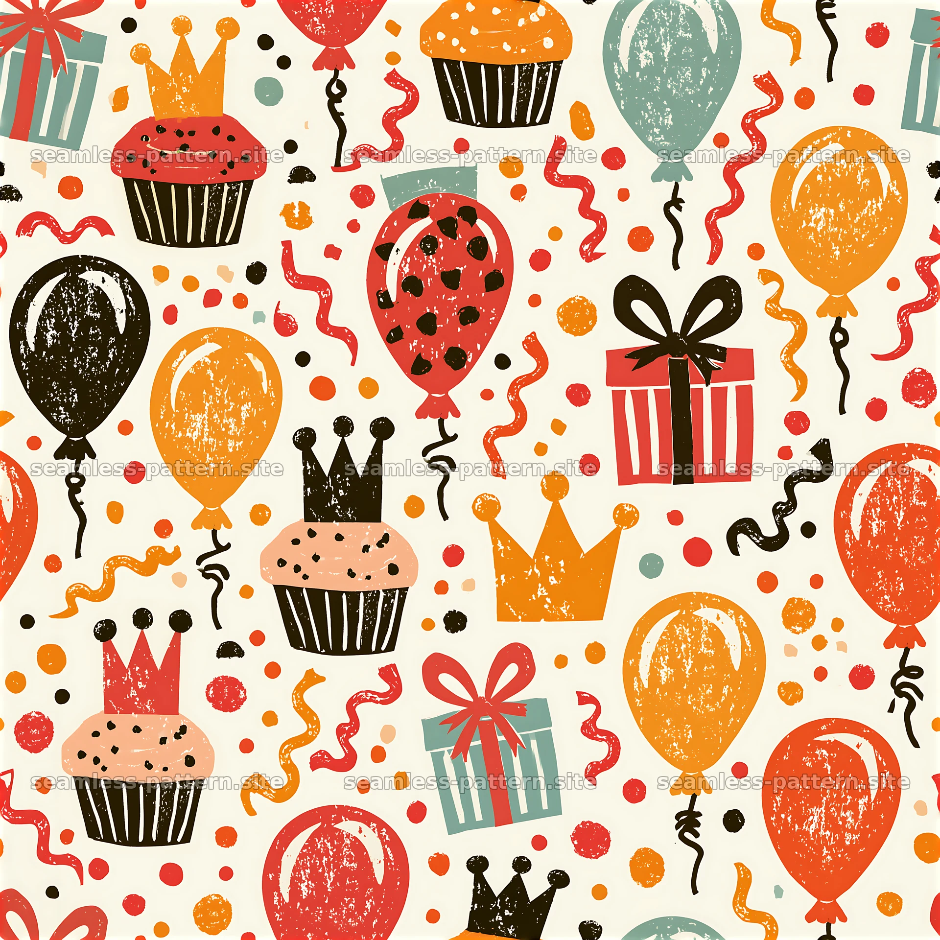 Colorful party elements seamless pattern for joyful occasions — seamless tileable pattern at 8192x8192