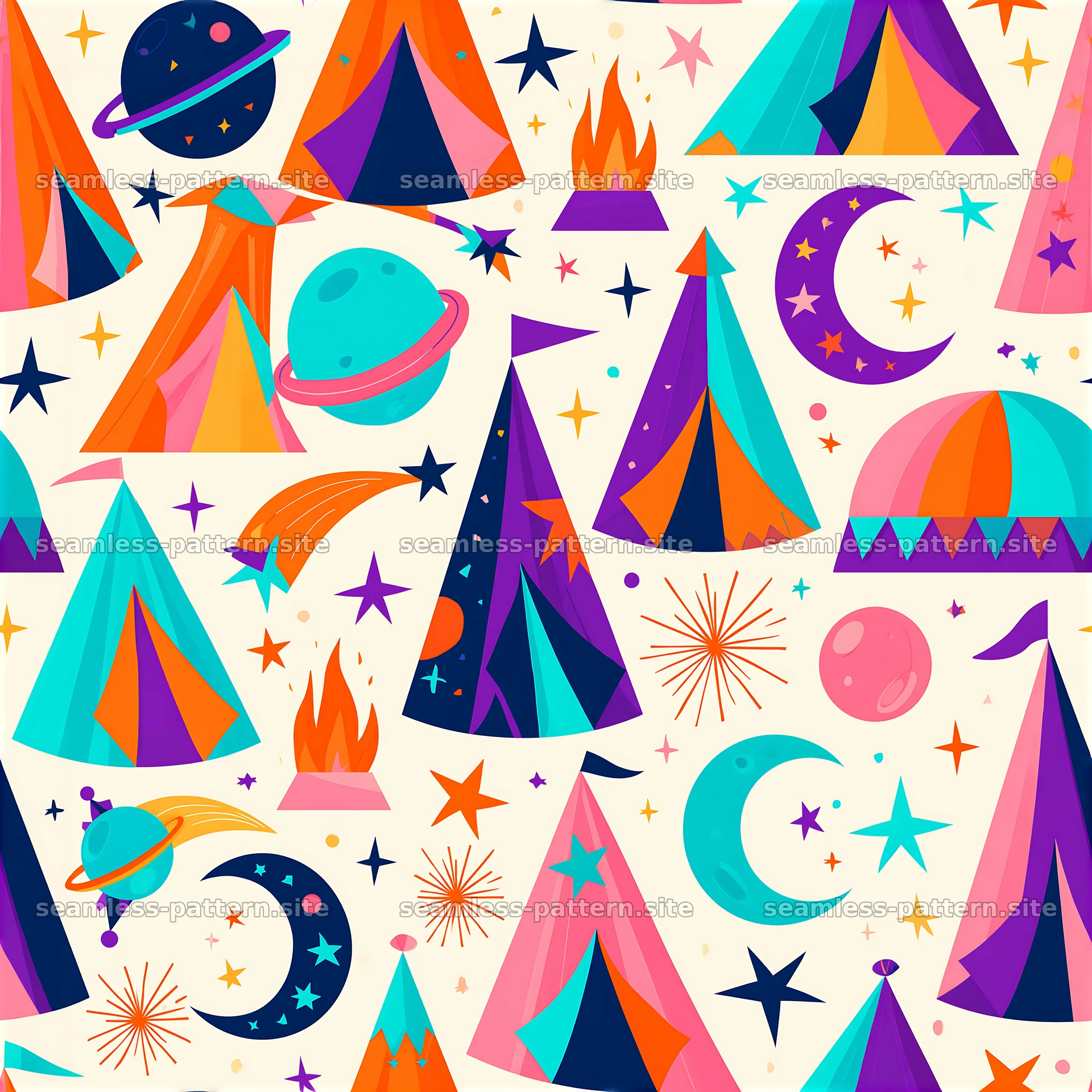 Colorful camping tents with stars, planets, and moons in a fun pattern — seamless tileable pattern at 8192x8192